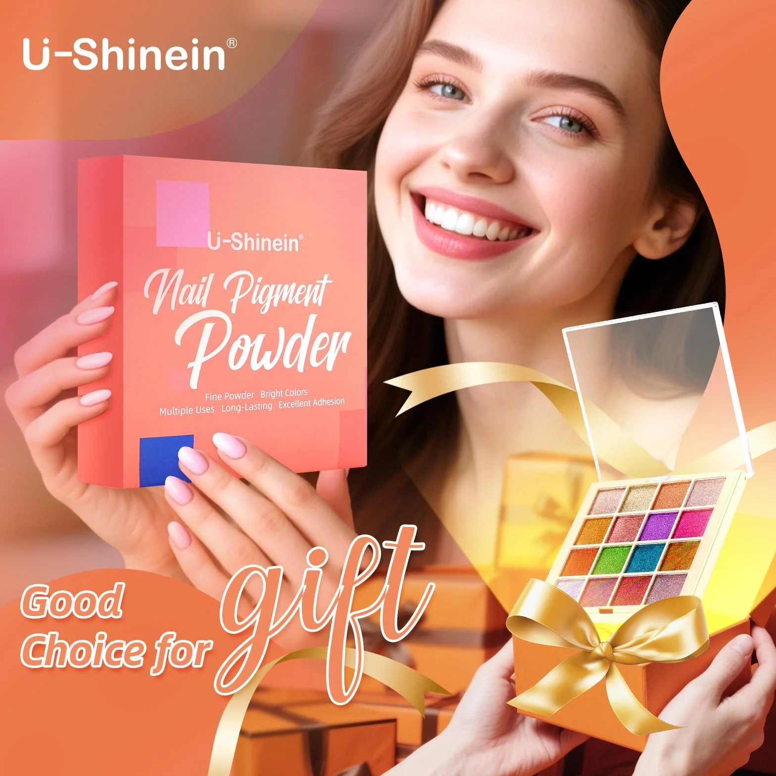 Palette de poudre pigmentée pour ongles 16 couleurs avec éponges et stylo French Aura