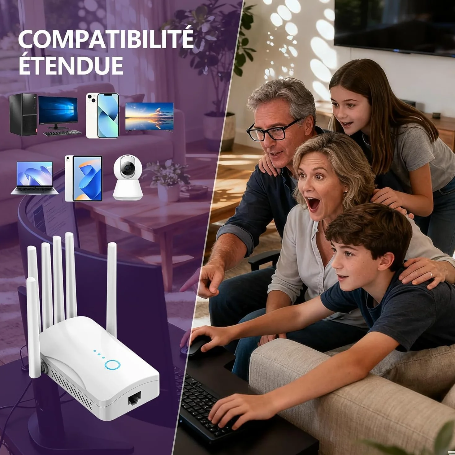 Amplificateur WiFi Puissant 6 Antennes, Répéteur WiFi Couverture 9000 pi², Mode AP, Maison Bureau