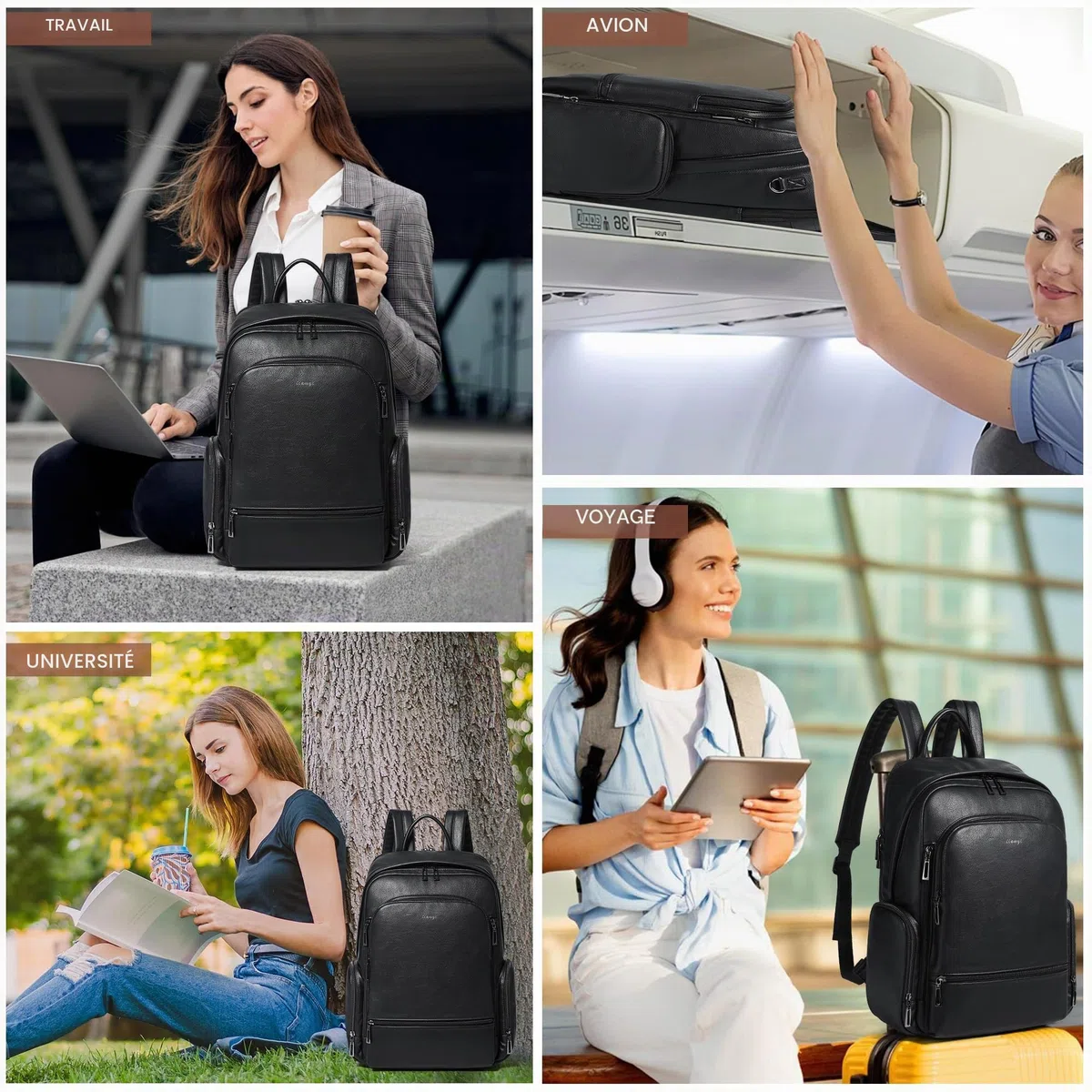 Sac à dos en cuir pour femme, sac à dos pour ordinateur portable de 15,6", sac à dos élégant, sac à dos pour le travail, les voyages, l'université