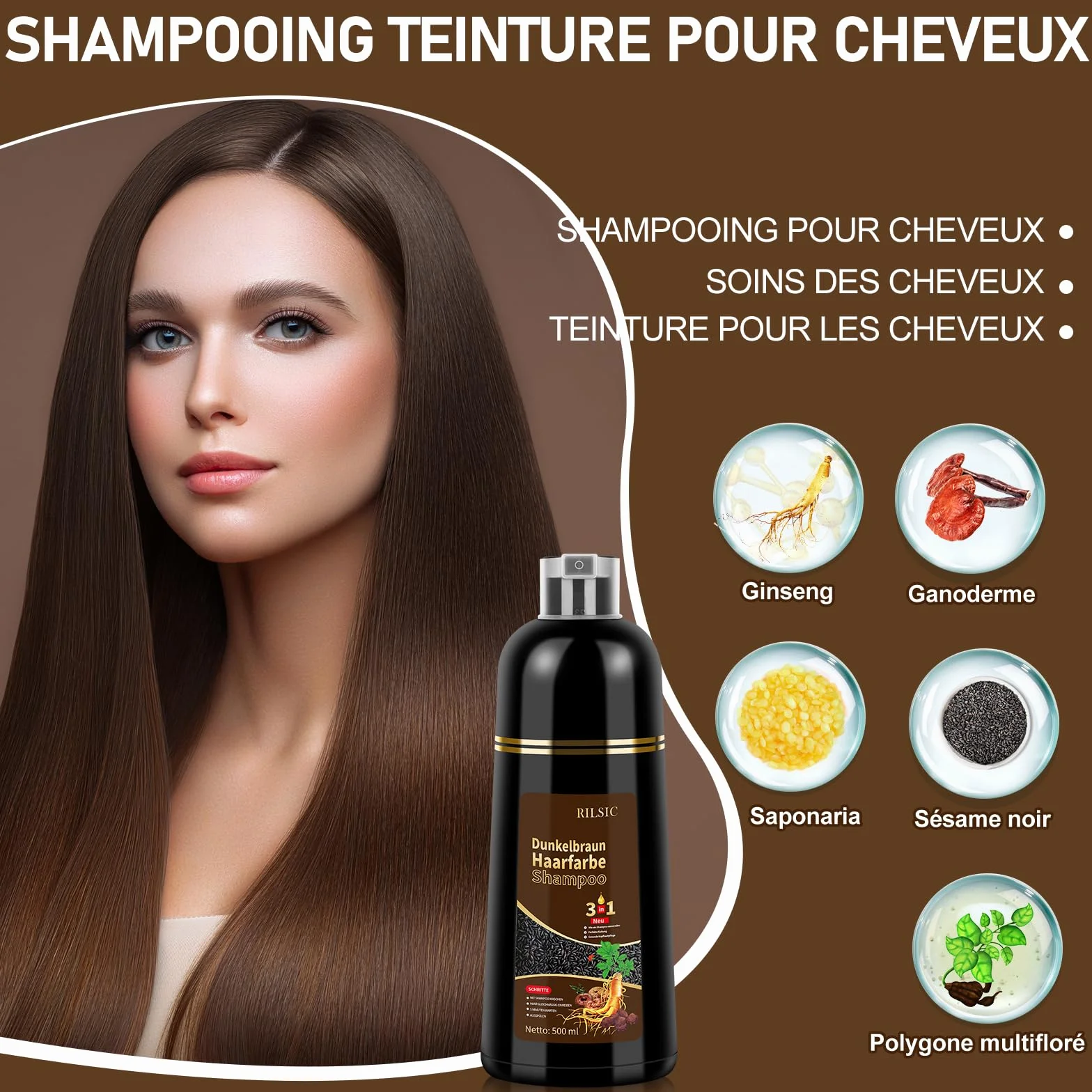Shampoing Colorant Chatain Foncé 500ml, Shampooing Teinture Cheveux Blancs, Dark Brown Hair Dye Shampoo 3 in 1