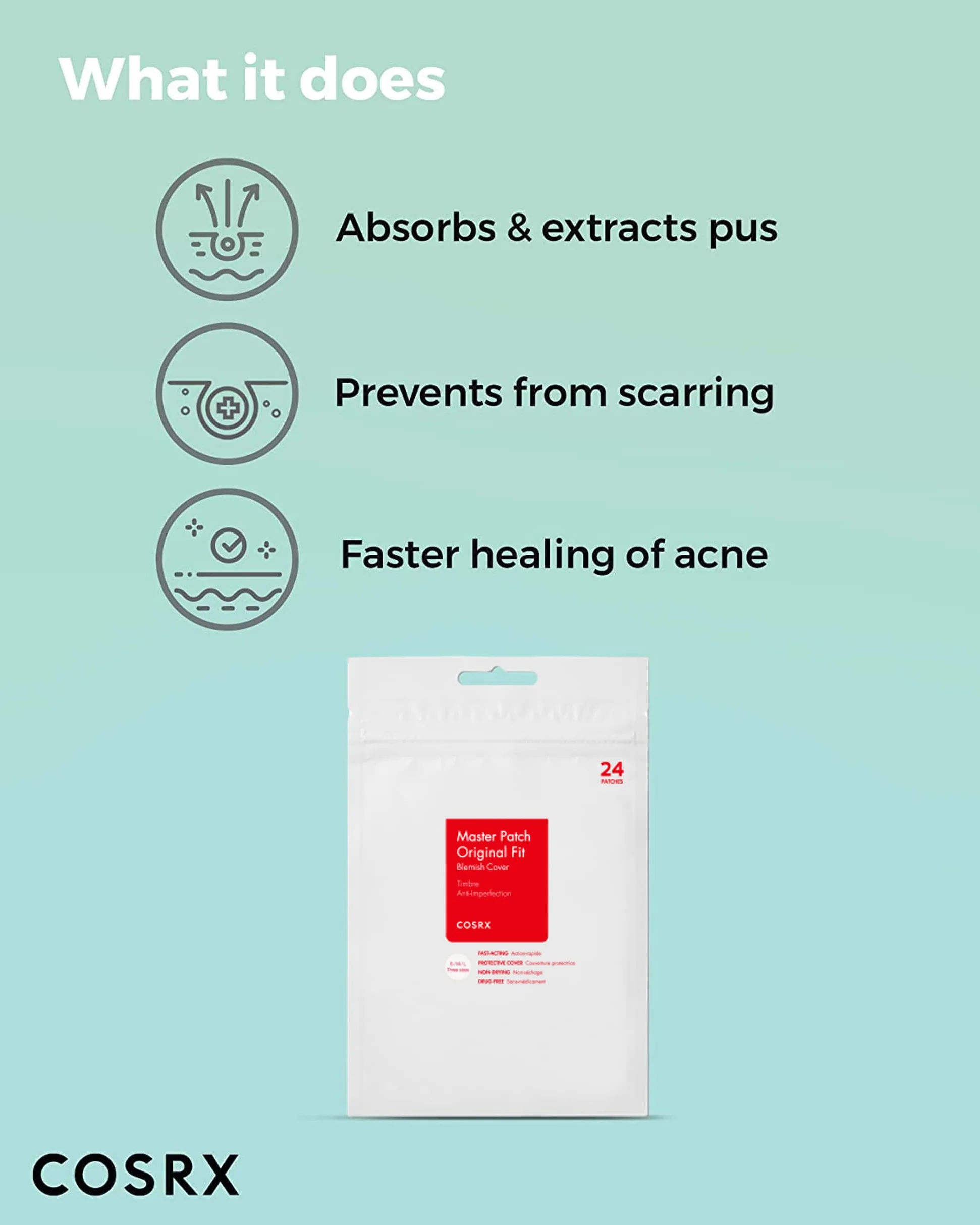 COSRX Master Patchs Absorbants à Boutons, Traitement Hydrocolloïde, Autocollants Anti-taches, 3 Tailles, 96 Pièces