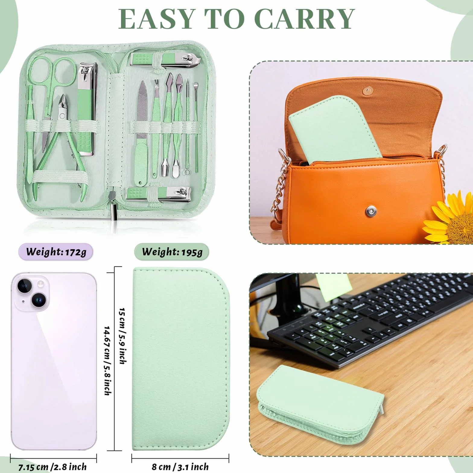 Kit Manucure Pédicure Professionnel 12 en 1 avec Sac de Voyage en Cuir Vert