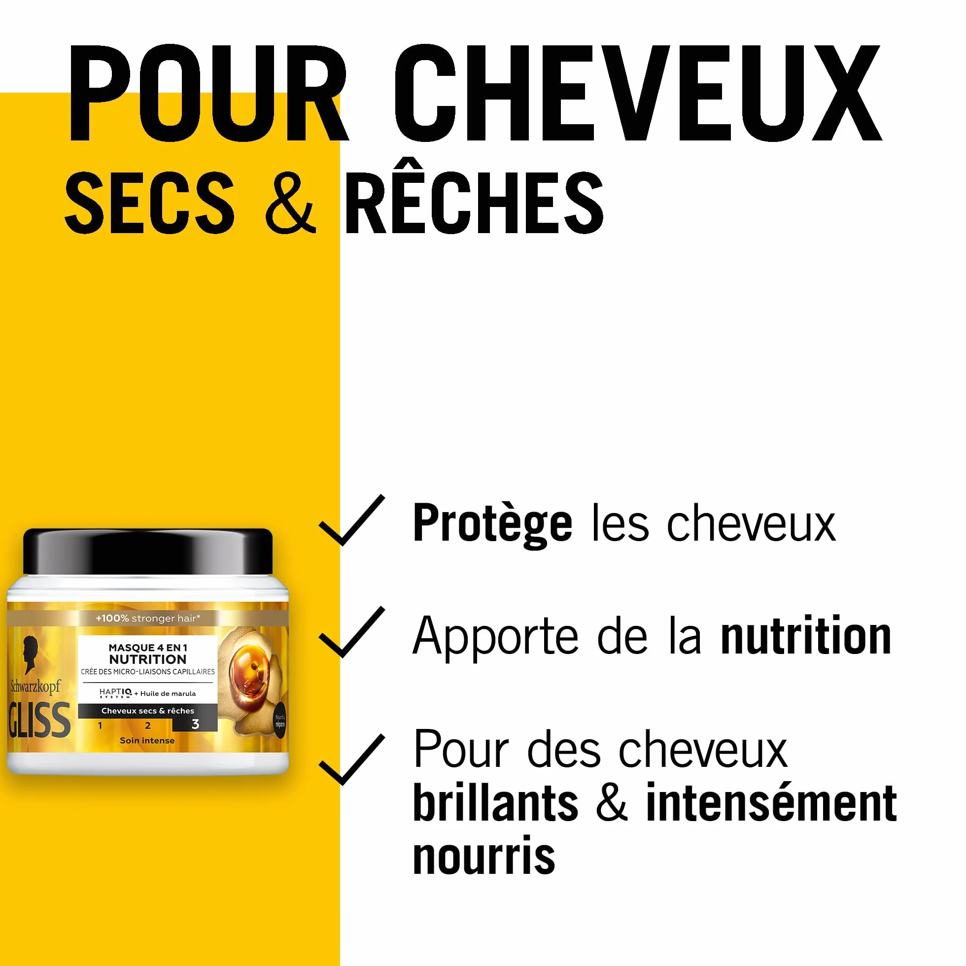 Schwarzkopf GLISS Masque 4en1 Nutrition Huile de Marula Haptiq System Soin Intense Cheveux Secs 400ml