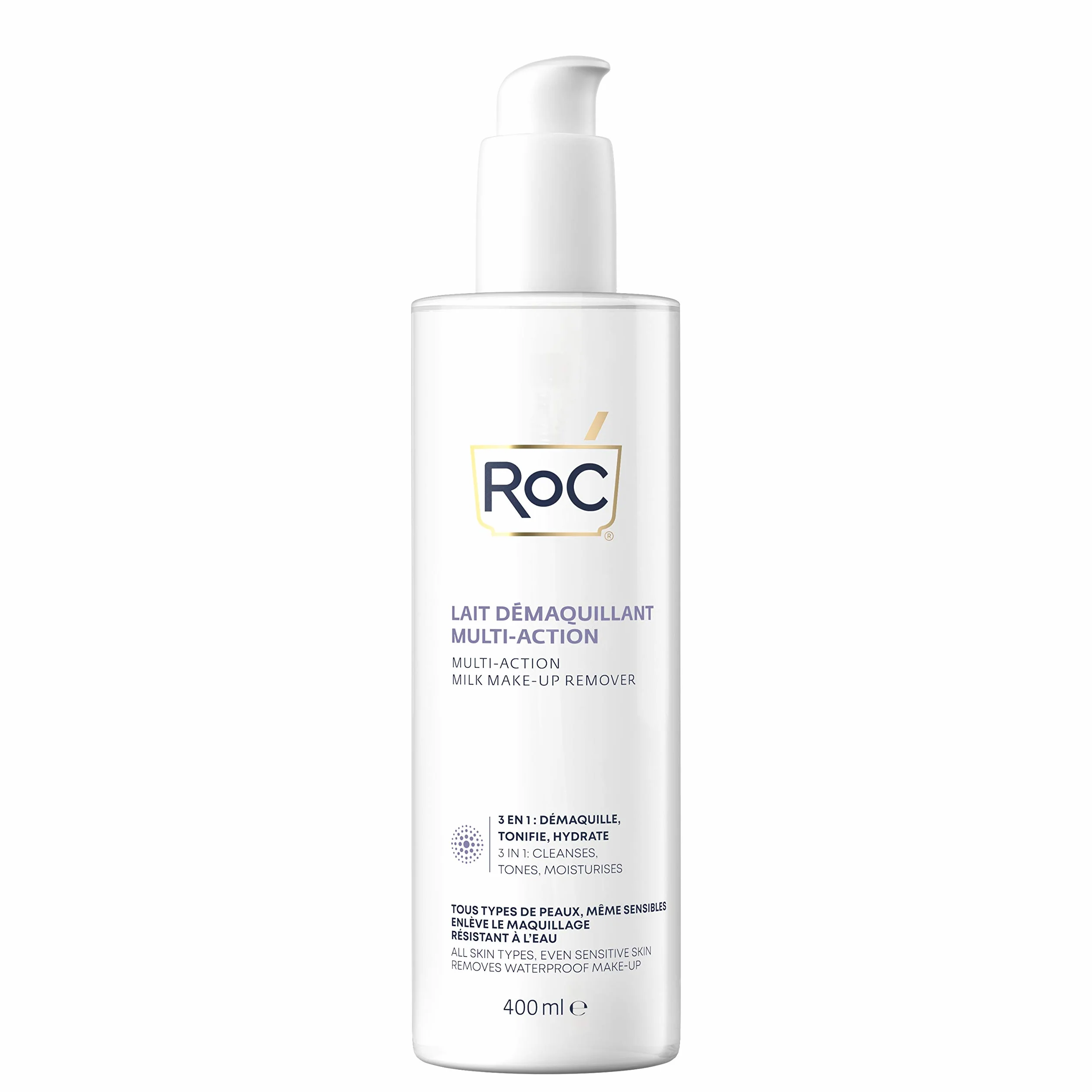 RoC Démaquillant au Lait 3 en 1 Nettoie Tonifie Hydrate Élimine Maquillage Waterproof Tous Types de Peau 400 ml