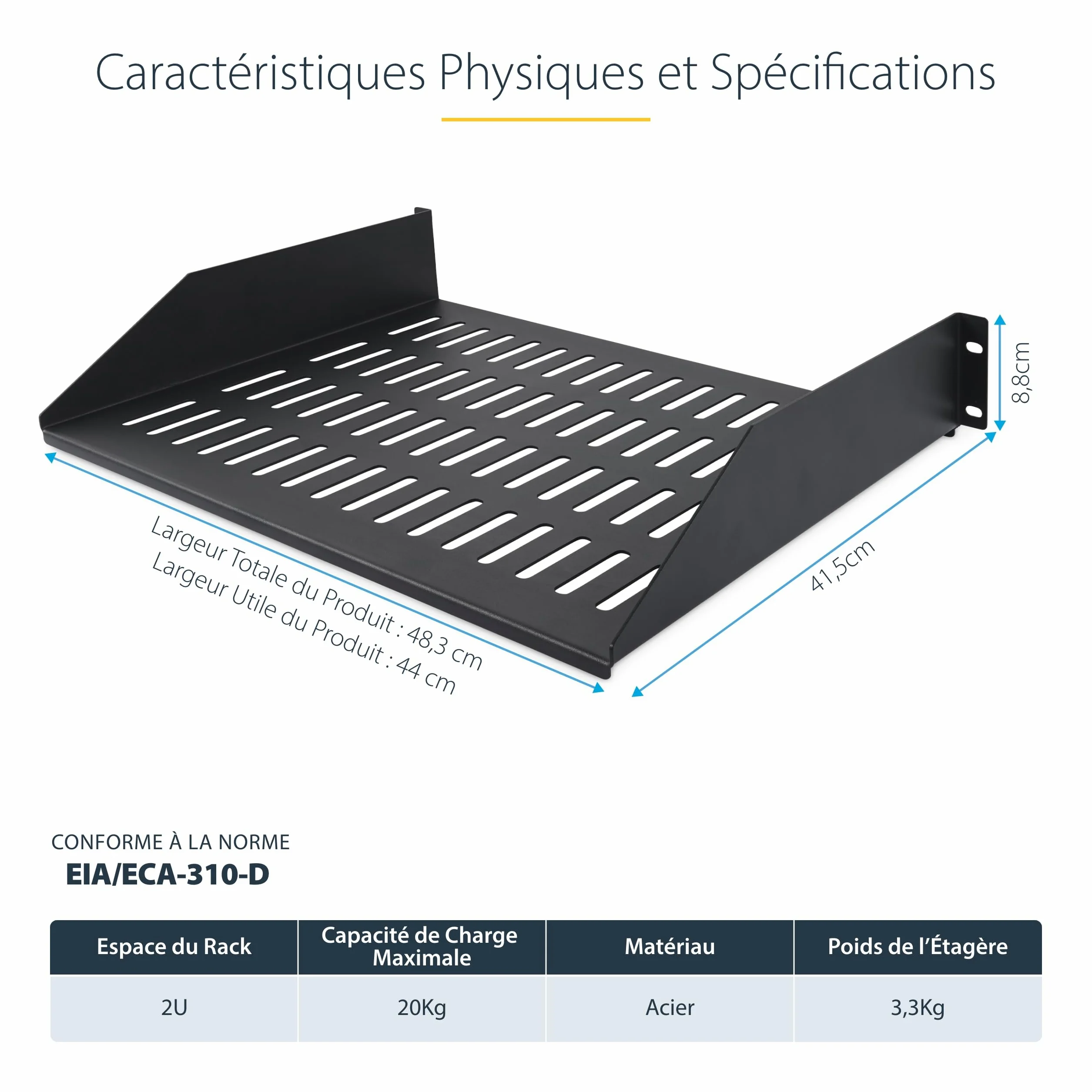StarTech Étagère Ventilée Rack 2U, 41,5cm, 20kg (CABSHELFV2U-16-RACK) | Plateau, Montage en rack, Armoire, Acier SPCC, Écrous et vis