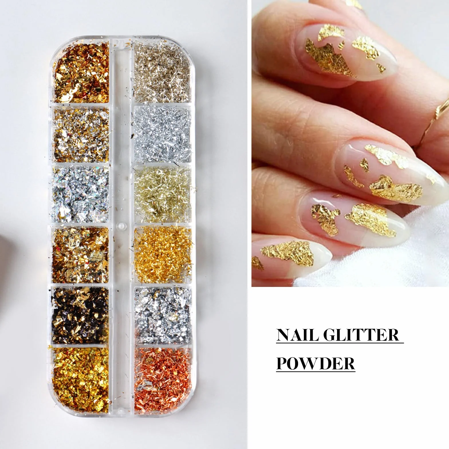 Yamobi Feuille d'or à ongles avec paillettes, 12 boîtes, pour nail art et manucure