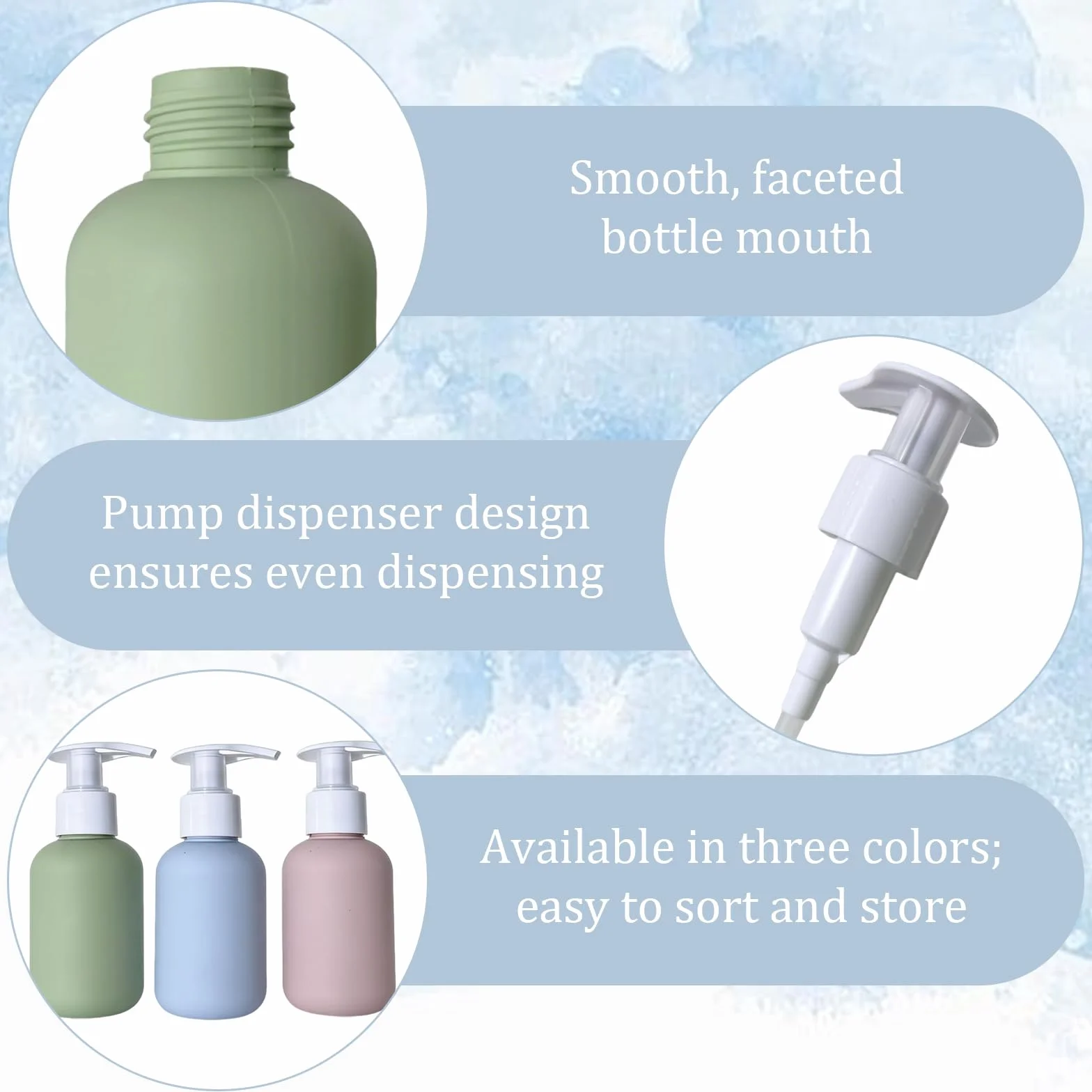 Kit Voyage Toilette Réutilisable 3 Pièces 100ml Flacon Vide Pompe Pas Facile à Fuir pour Shampoing Gel Douche Lotion