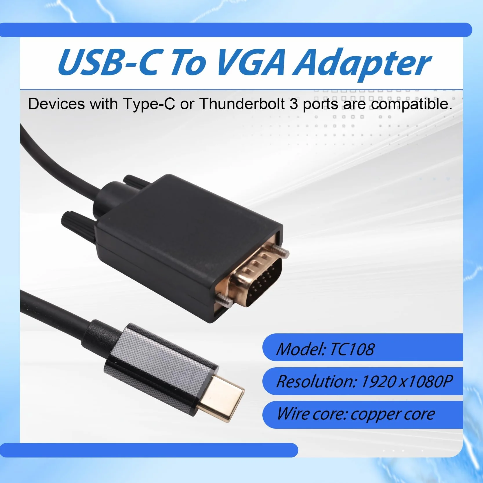 Câble USB-C vers VGA Haute Performance Convertisseur Type C vers D-Sub 15 Broches USB 3.1