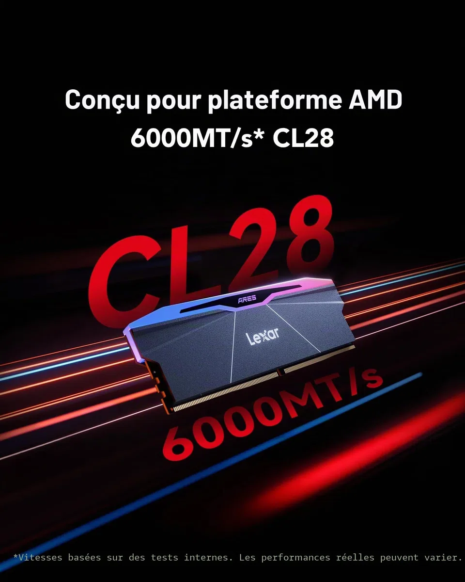 Lexar RGB DDR5 RAM 1x24 Go 6000MHz CL28, Mémoire de bureau UDIMM 288 broches, Mémoire de PC de jeu haute performance pour AMD EXPO, IA, DRAM Empowered by SK hynix, CL28-36-36-68, 1,4V