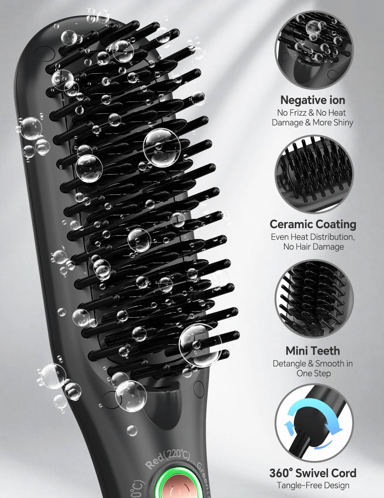 LANDOT Mini Brosse Lissante Filaire Cheveux Courts à Mi-Longs Céramique Ionique 3 Températures 160°C-220°C Anti-Frisottis Noir