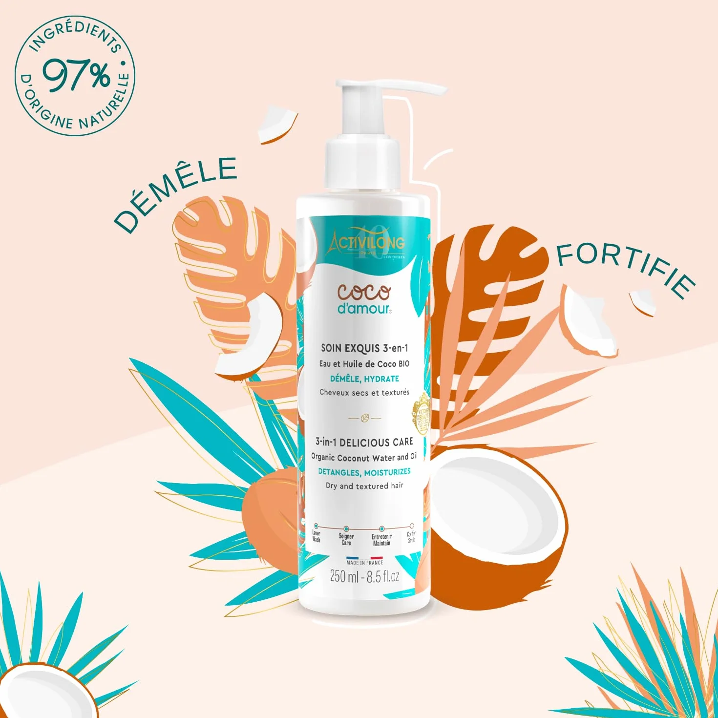 ACTIVILONG Soin Exquis 3-En-1 Coco D'Amour Cheveux Secs Et Texturés 250ml 97% Ingrédients Naturels