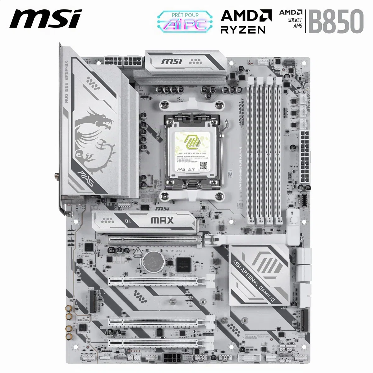 MSI MAG B850 Gaming Plus Max WiFi Carte mère ATX - pour processeurs AMD Ryzen 9000/8000 / 7000, AM5 - DDR5 Memory Boost (OC jusqu'à 8200+ MT/s), PCIe 5.0 x16, M.2 Gen5, Wi-FI 7, 5G LAN