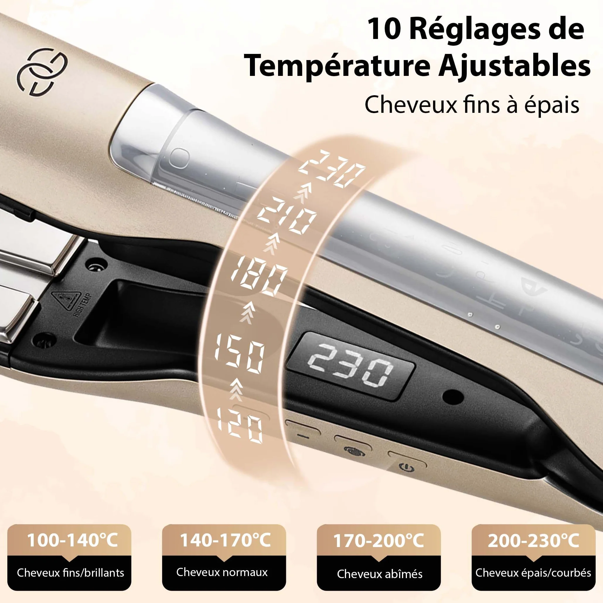 Steampod Pro Lisseur Vapeur Champagne Golden Goods Fer à Boucler 10 réglages 230ºC Céramique Ionique