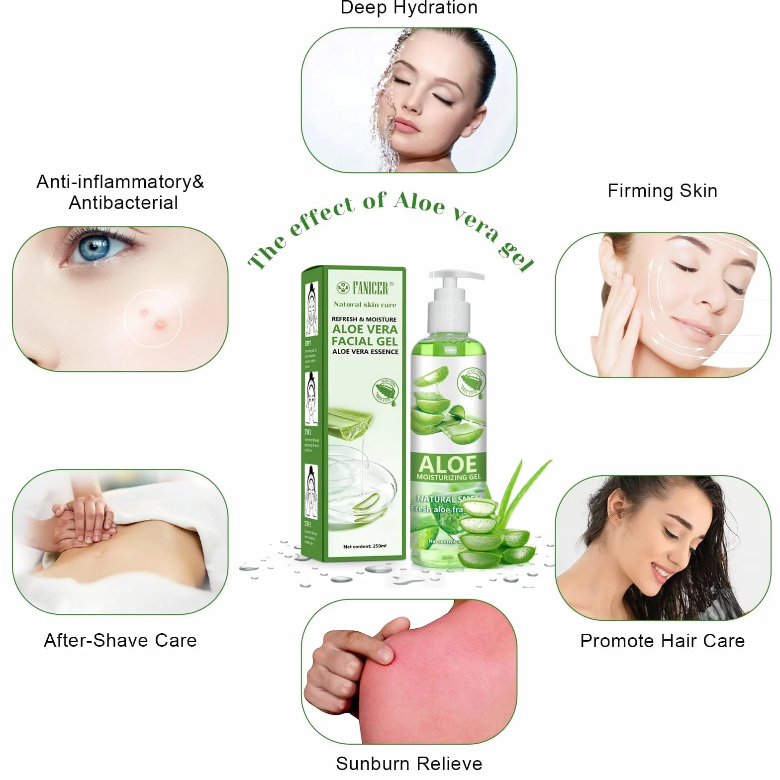 Gel d’aloe vera 250 ml, Crème soin rafraîchissant apaisant pour la peau, hydratant visage et corps