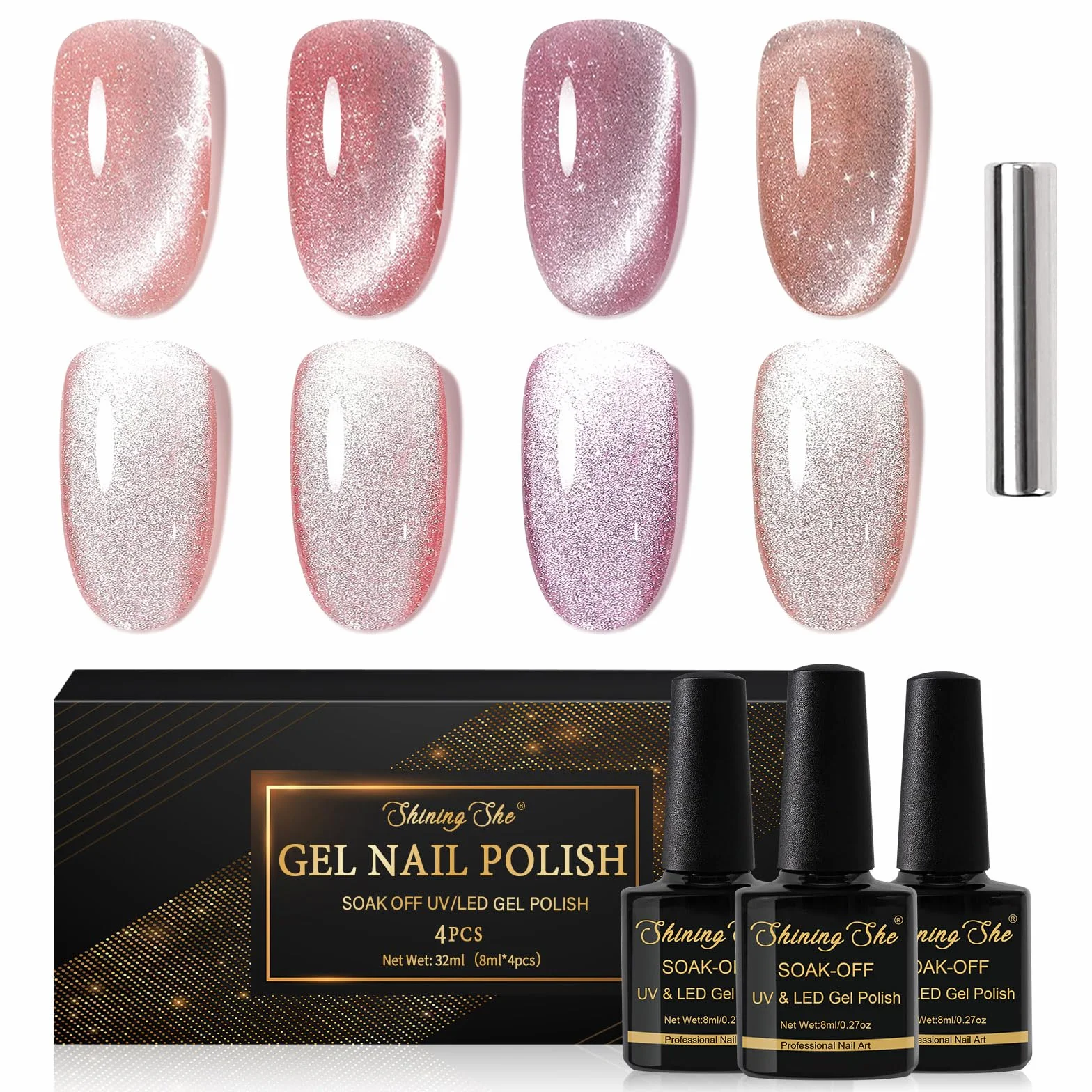 Shining She Vernis Semi Permanent Magnétique 4 Couleurs Nude Rose Or Rose Holographique Cat Eye 8ml
