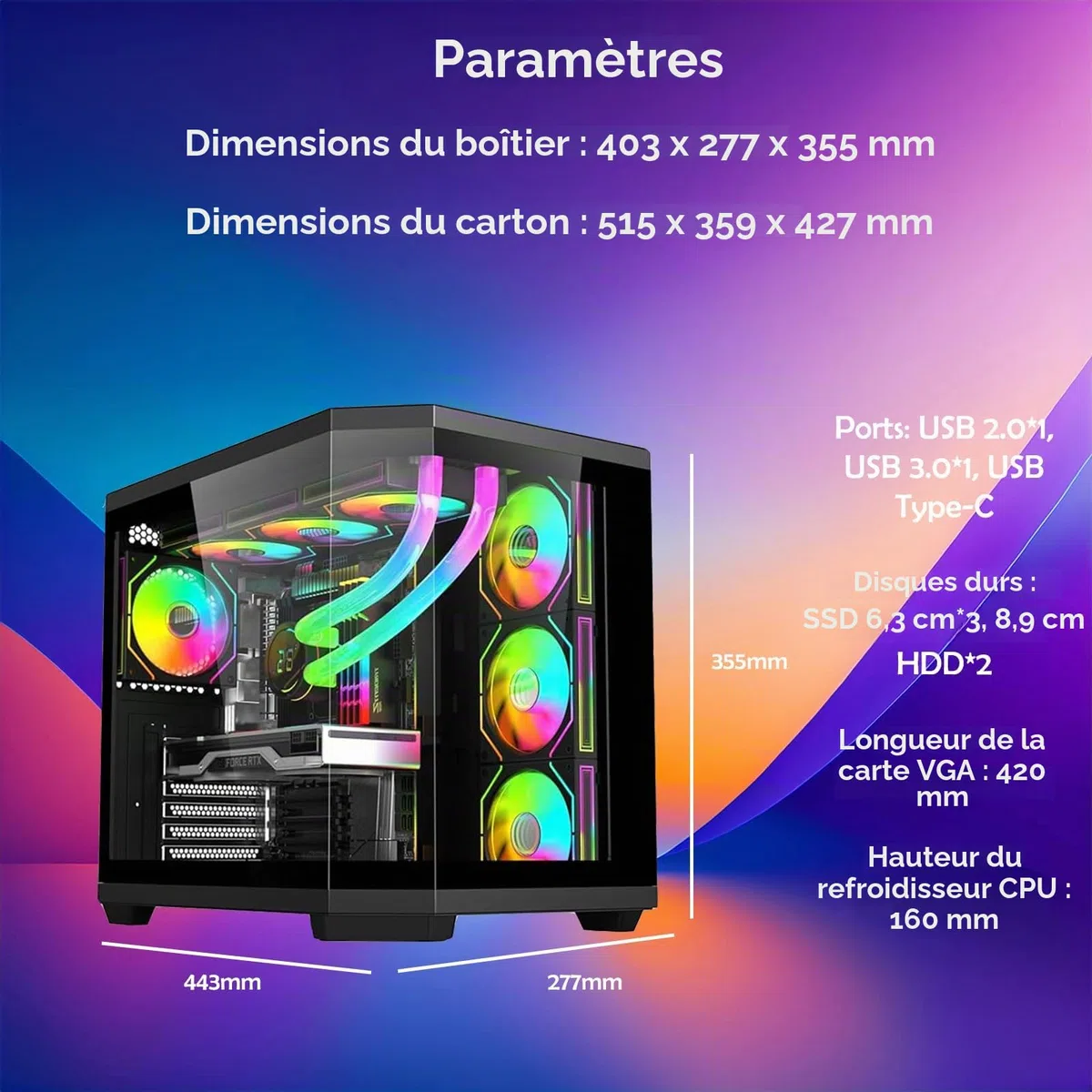 Boîtier PC - Gaming | IONZ APEX Vision - Tour intermédiaire ATX, double chambre avec 4 ventilateurs ARGB PWM - Écran LCD | Noir