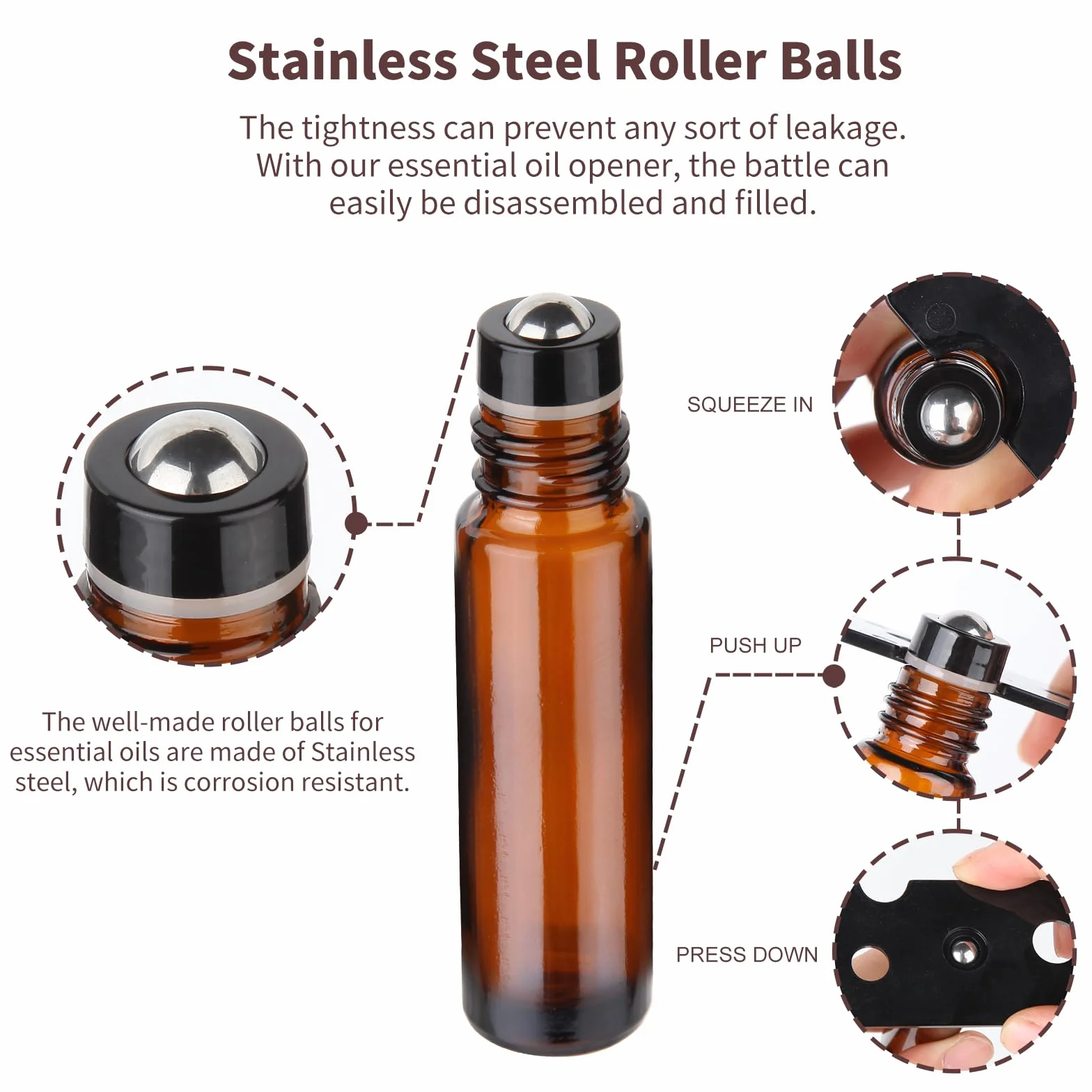 Flacon Roll On Vide en Verre 10ml 4Pcs avec Billes en Acier Inoxydable pour Huiles Essentielles et Parfums