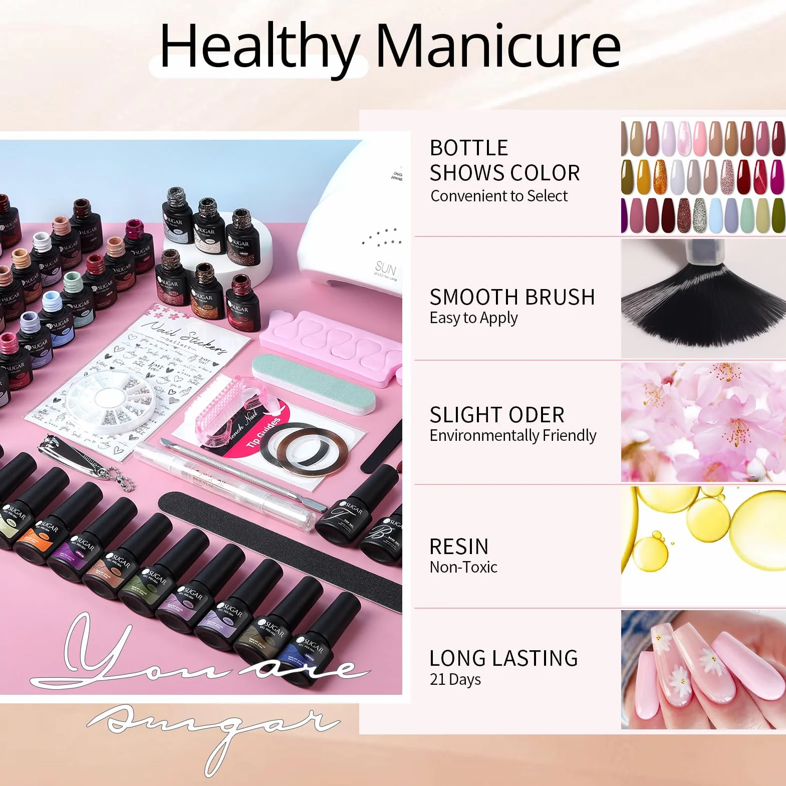 UR SUGAR Kit Vernis Semi Permanent 39 Couleurs avec Lampe UV LED 48W Base et Top Coat