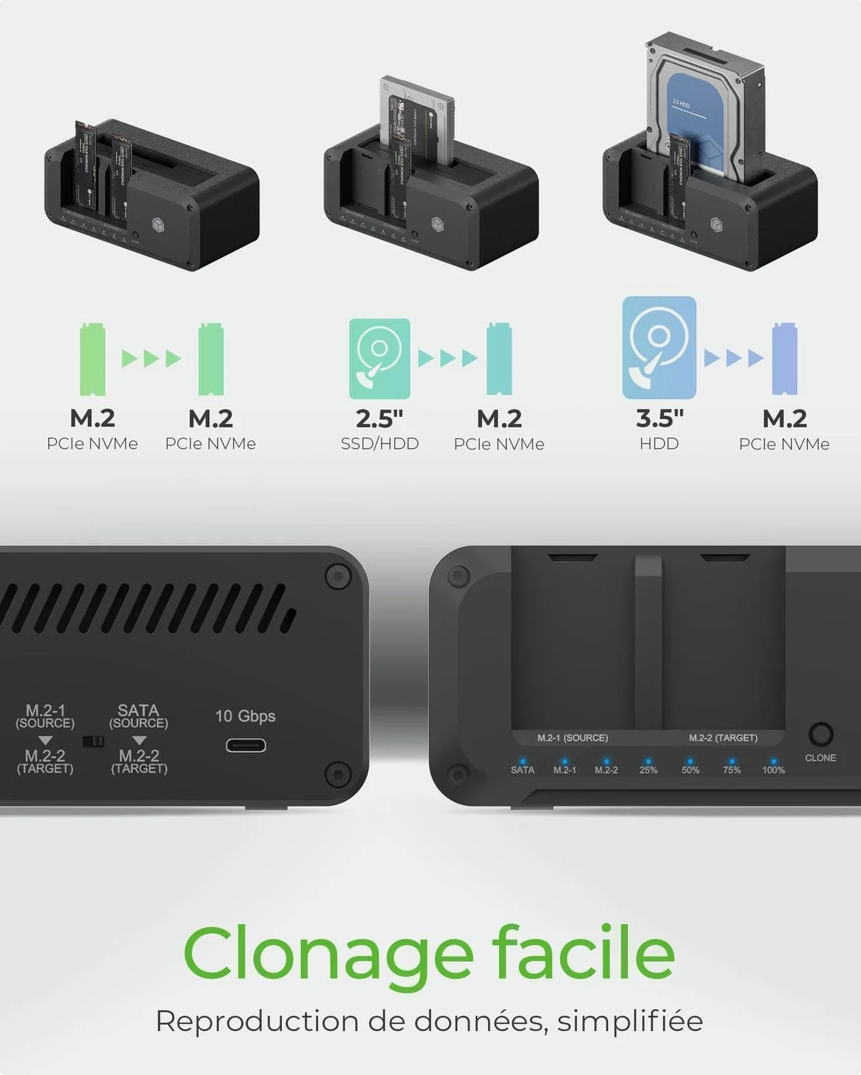 ICY BOX Station d'accueil M.2 NVMe SATA USB 3.2 10 Gbit/s clonage bidirectionnel