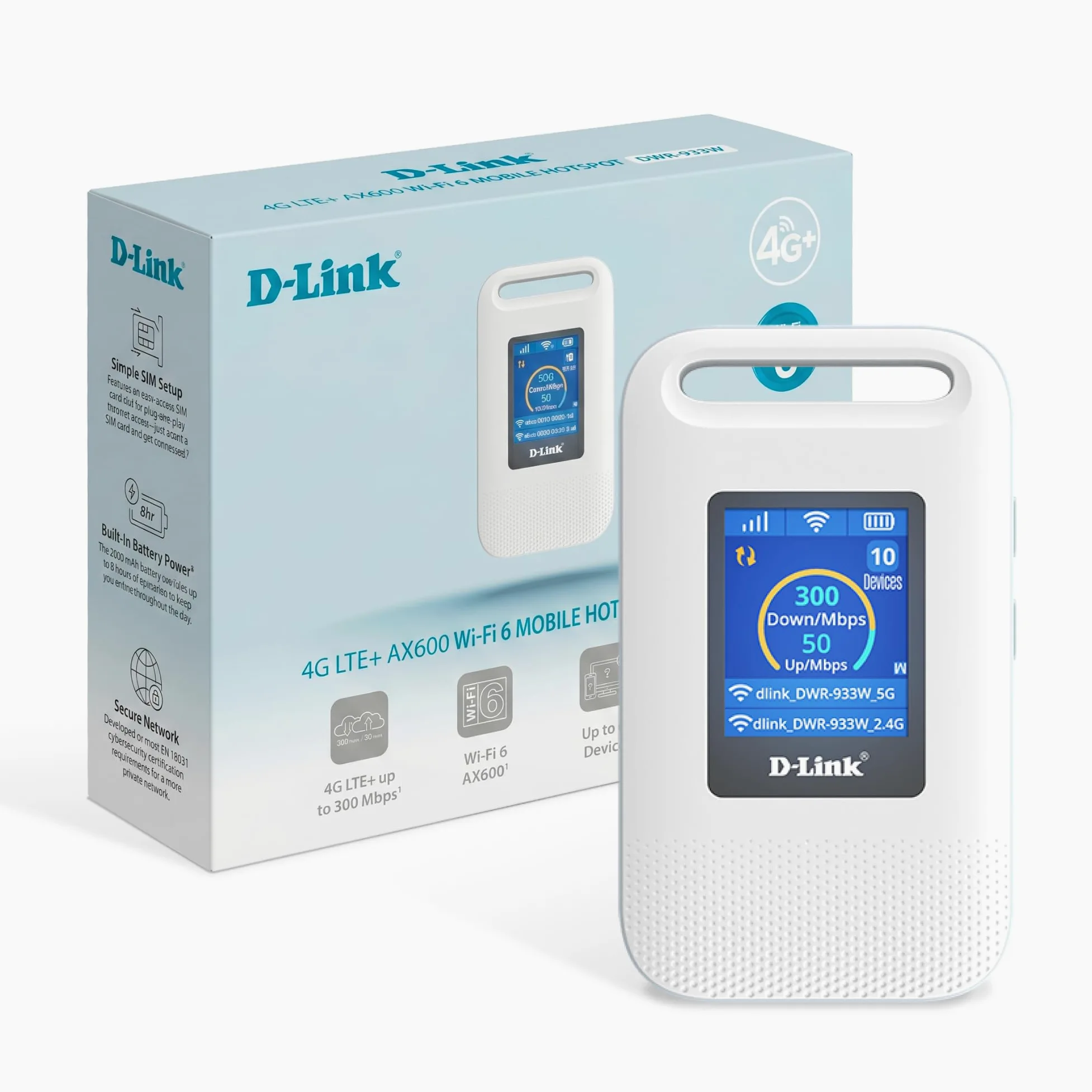 D-Link DWR-933W Hotspot Mobile 4G LTE+ AX600 Wi-FI 6, Routeur SIM Portable | Écran LCD, Wi-Fi Double Bande, Jusqu’à 64 Appareils, Batterie 3000 mAh, USB-C