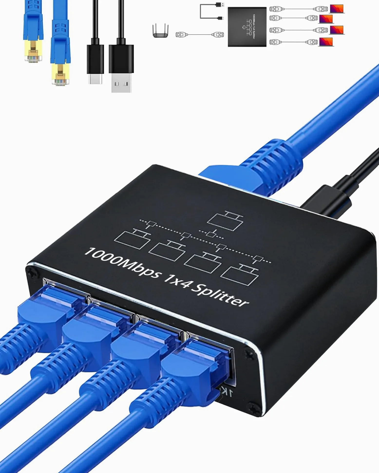 LIEZHUA Répartiteur Ethernet 1 vers 4, 1000 Mbps haute vitesse Ethernet avec câble LAN Cat 6 [4 appareils réseau simultané], extension de réseau LAN Gigabit RJ45 pour câble Cat8/7/6/5e/5
