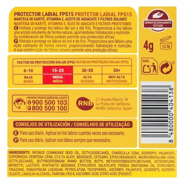 Deliplus Protecteur à lèvres FPS 15 4 g Beurre de karité Vitamine E Huile d'avocat