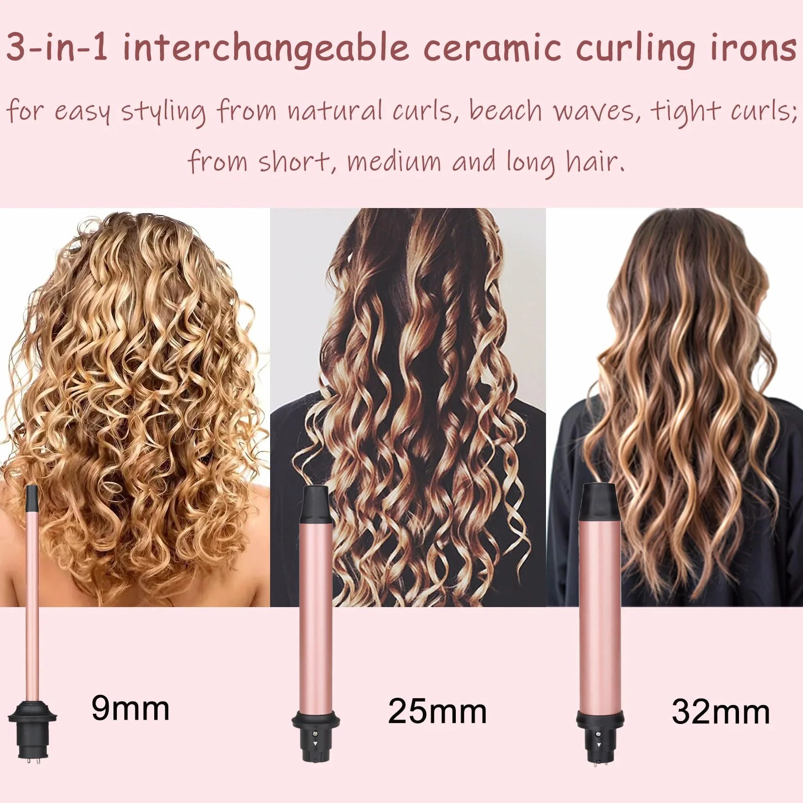 Fer à Friser Céramique 3 en 1 avec Écran LCD 9-32mm Boucleur à Cheveux Multifonction