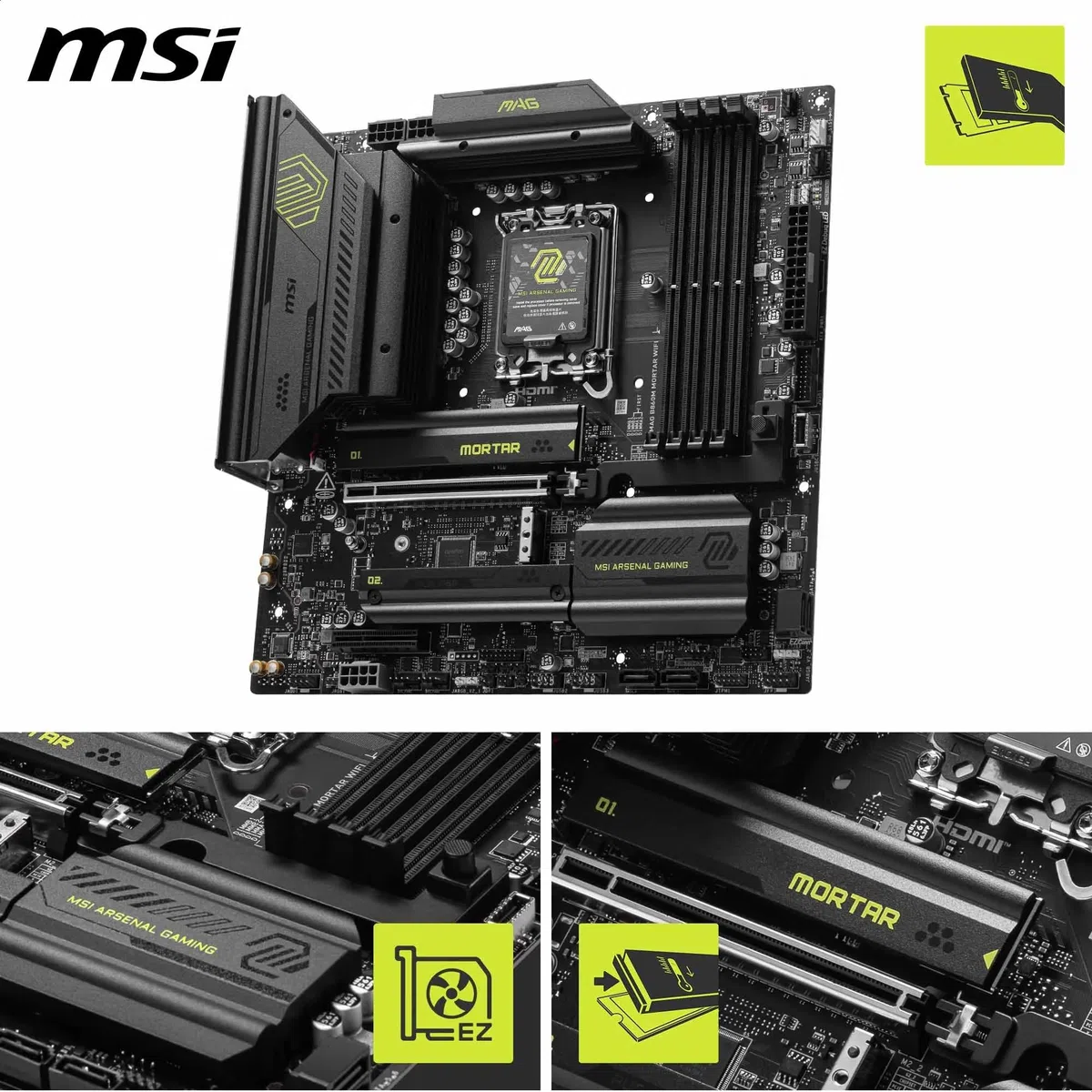 MAG B860M Carte mère WiFi mortier mATX - Prend en charge les processeurs Intel Core Ultra (série 2), LGA 1851 - DDR5 Memory Boost 9200+ MT/s OC, 1 x PCIe 5.0 x16, 1 x M.2 Gen5, 5G LAN, Wi-Fi 7