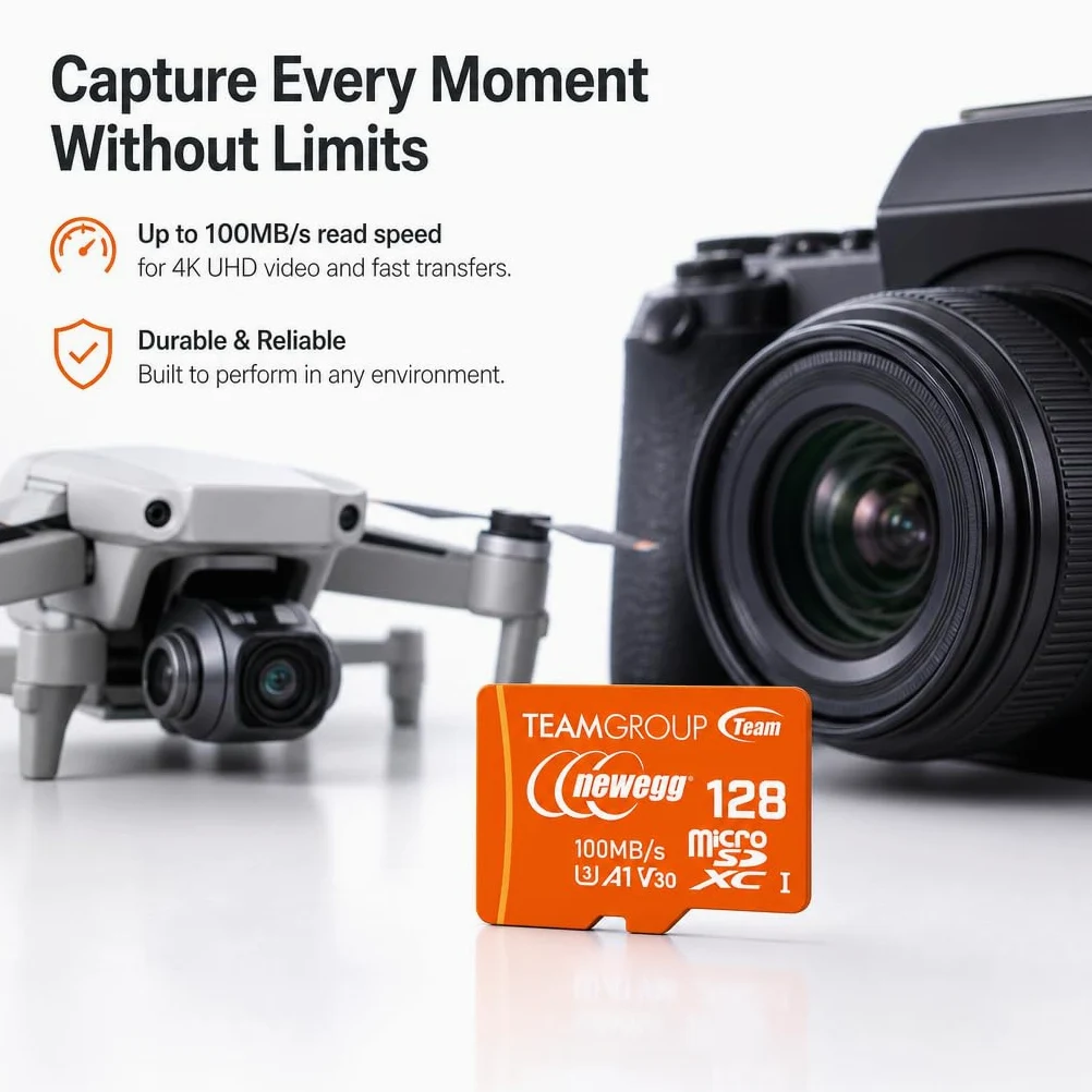 NEWEGG Carte microSDXC A1, vitesse de lecture jusqu'à 100 Mo/s, 128 Go pour appareils photo, drons et smartphones Android, 4K UHD U3 V30, TUSDX128GIV30A172