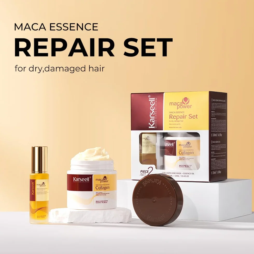 Karseell Collagen Masque Cheveux et Huile Cheveux, Maca Essence Set Réparation Cheveux Secs Abimés, 500ml + 50ml