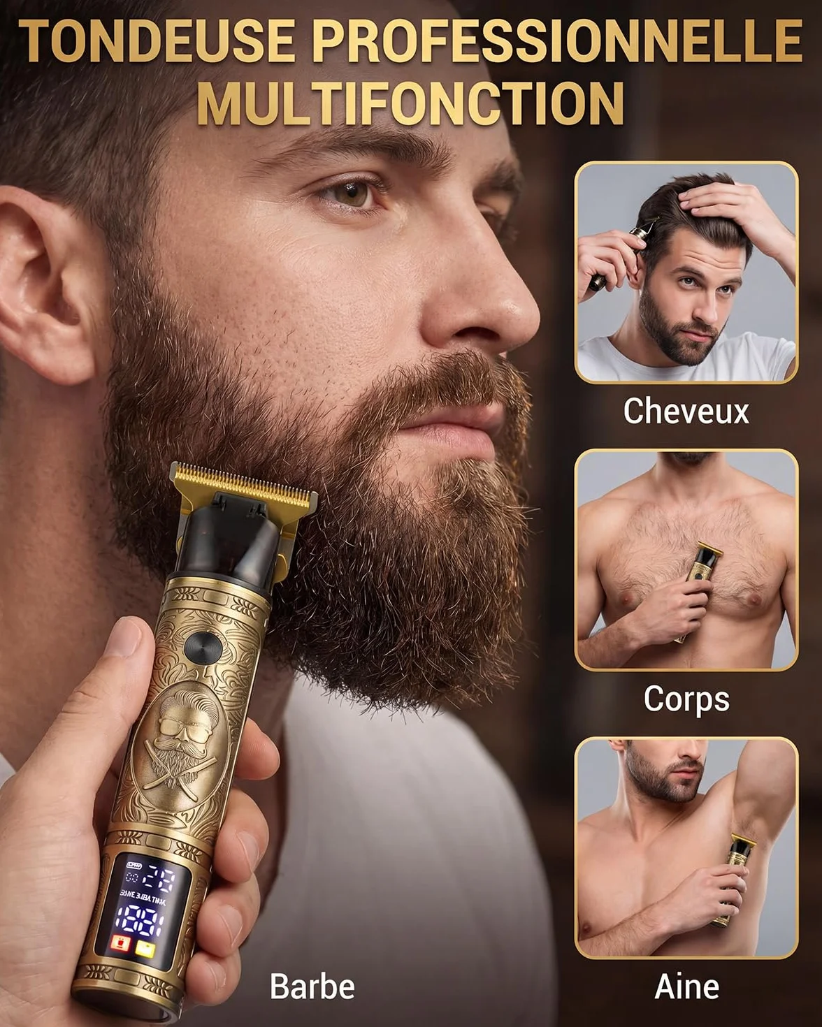 Tondeuse Cheveux Homme Sans Fil IPX7 Étanche avec Écran LED, Tondeuse Barbe Zéro écart Rechargeable Professionnelle