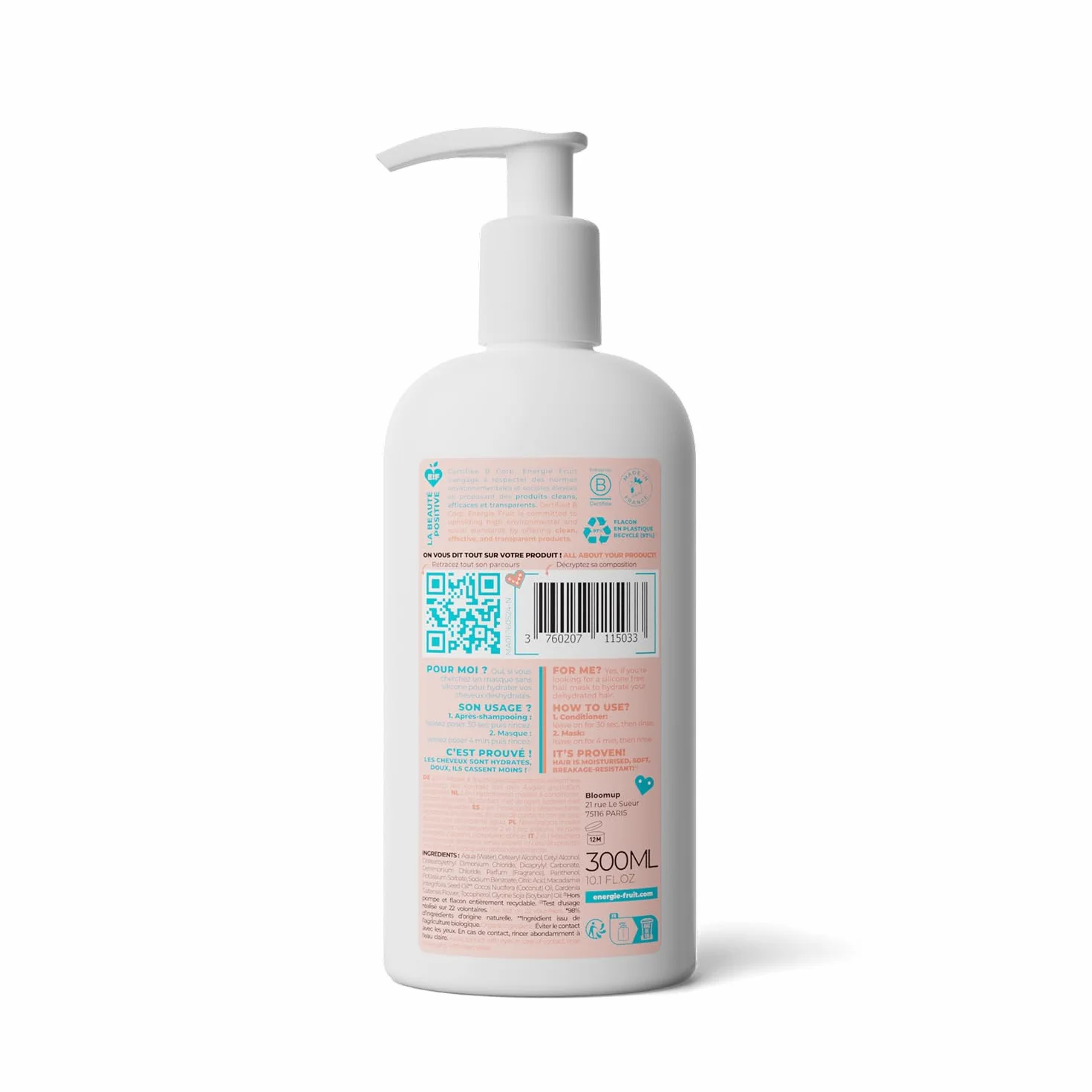 Masque Après Shampoing Cheveux Secs Abimés Monoï Huile de Macadamia BIO Vegan 300ml