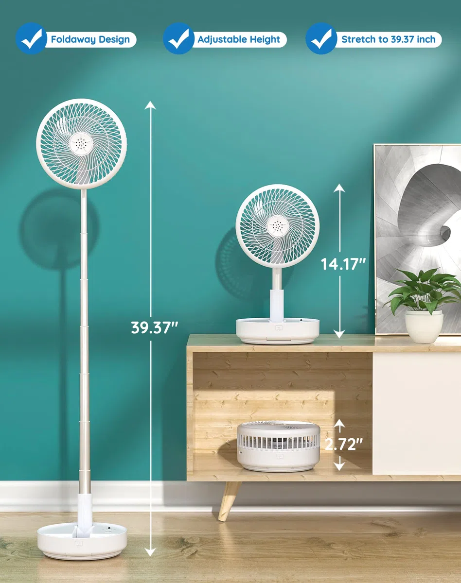 Primevolve Ventilateur portable, batterie 21H, ventilateur oscillant rechargeable 7200 mAh avec télécommande, pliable, télescopique, 19,6 cm, pour voyage, camping, croisière, hôtel, chambre à coucher