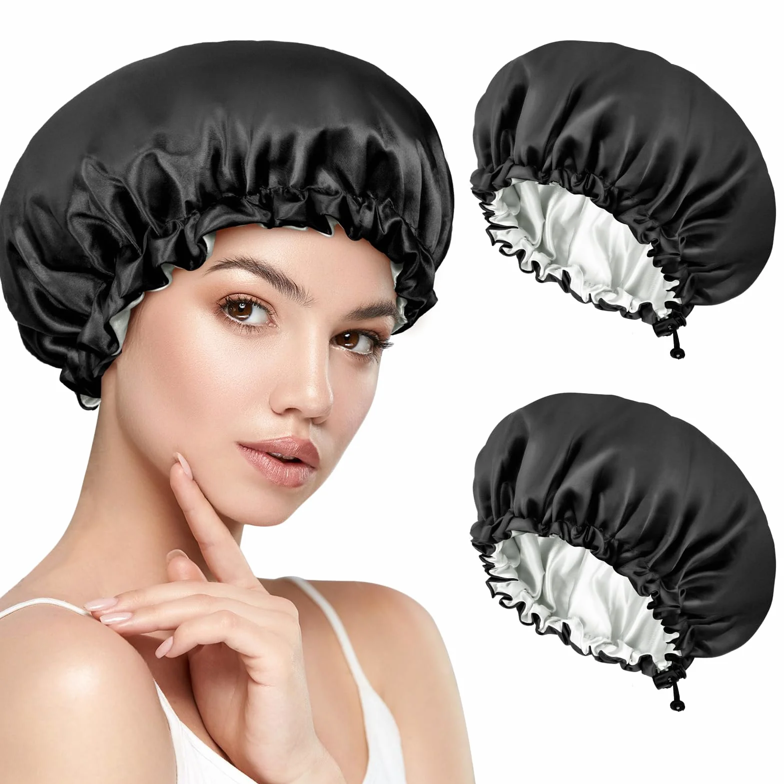 Lot de 2 bonnets de nuit en satin double couche pour cheveux bouclés