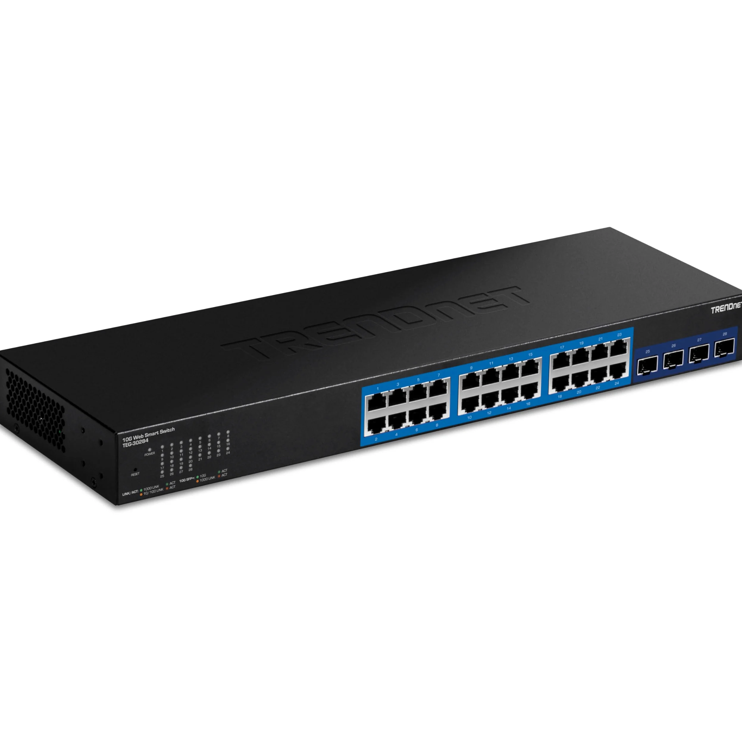 TRENDnet, TEG-30284, Commutateur Web intelligent 28 ports, 24 ports Gigabit, 4 emplacements SFP+ 10G, liaisons montantes réseau haut débit, capacité de commutation 128 Gbit/s, montage en rack 1U, noir