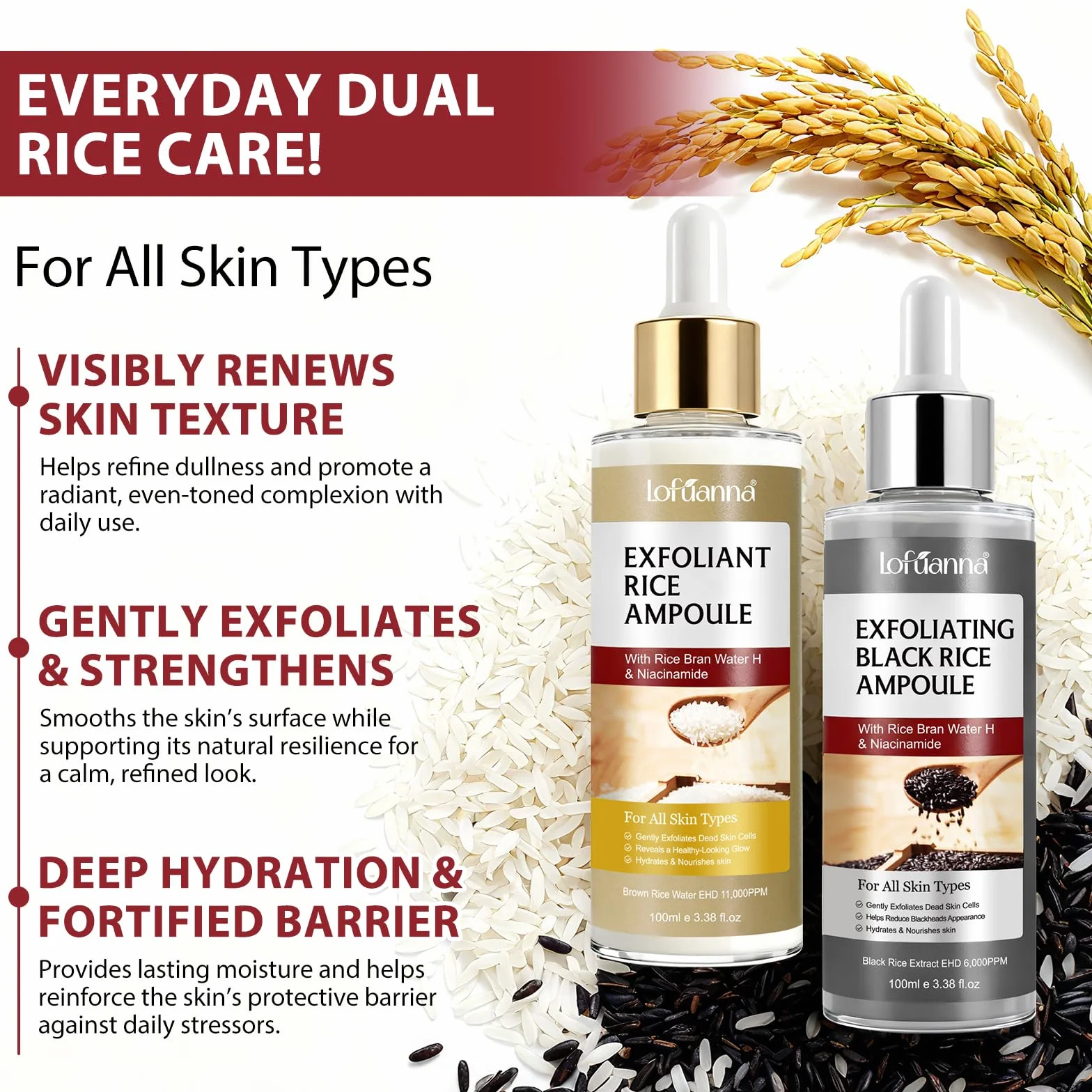 Sérum Exfoliant Visage au Riz Blanc 100ml + Riz Noir 100ml, Peeling Doux AHA BHA VB3, Éclat & Hydratation, Soin Coréen
