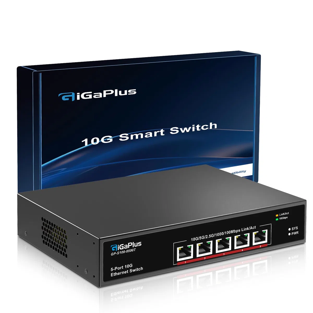 5-Port 10Gb Ethernet Switch Unmanaged with 5x10G RJ45 Ports, GiGaPlus 10Gbe Network Switch Easy for 10G NAS, PC, WiFi7 Routers, 10G NIC/Adapters. 100Gbps Switching Capacity. Desktop/19-inch Rack