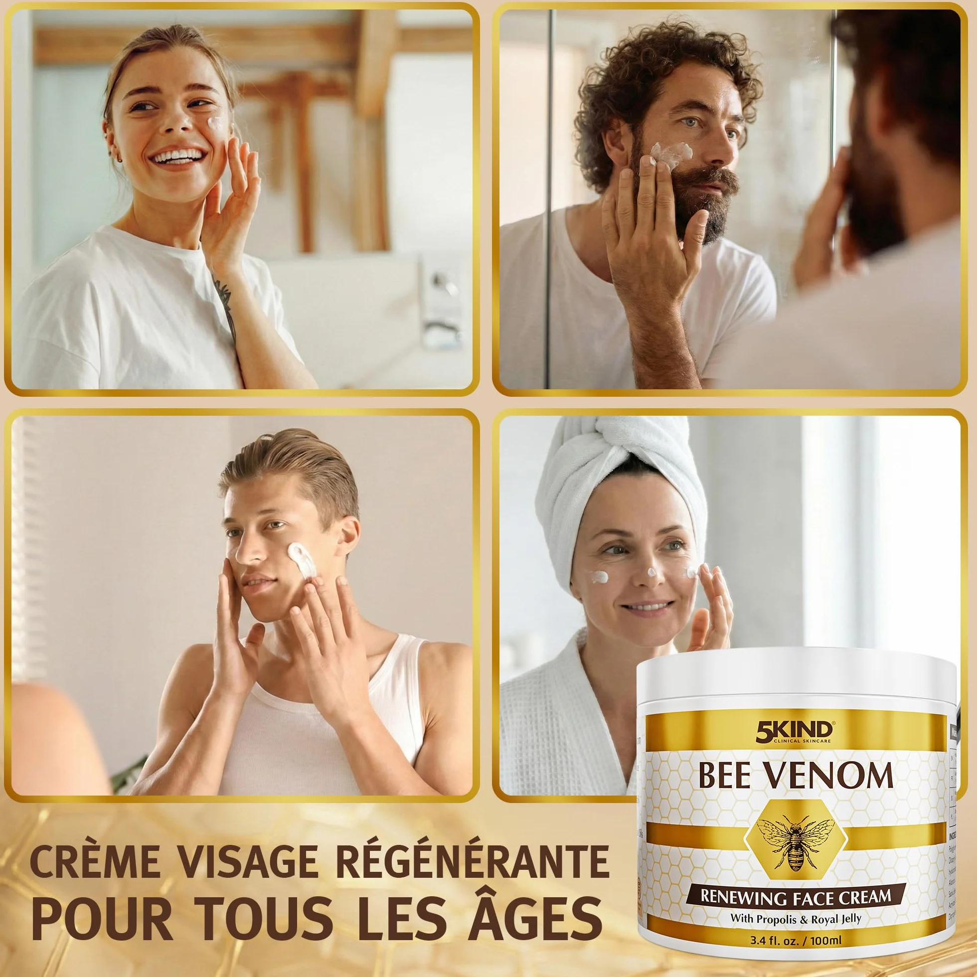 Crème Visage Régénérante au Venin d’Abeille 5Kind avec Propolis & Gelée Royale 100 ml - Crème Anti-Âge