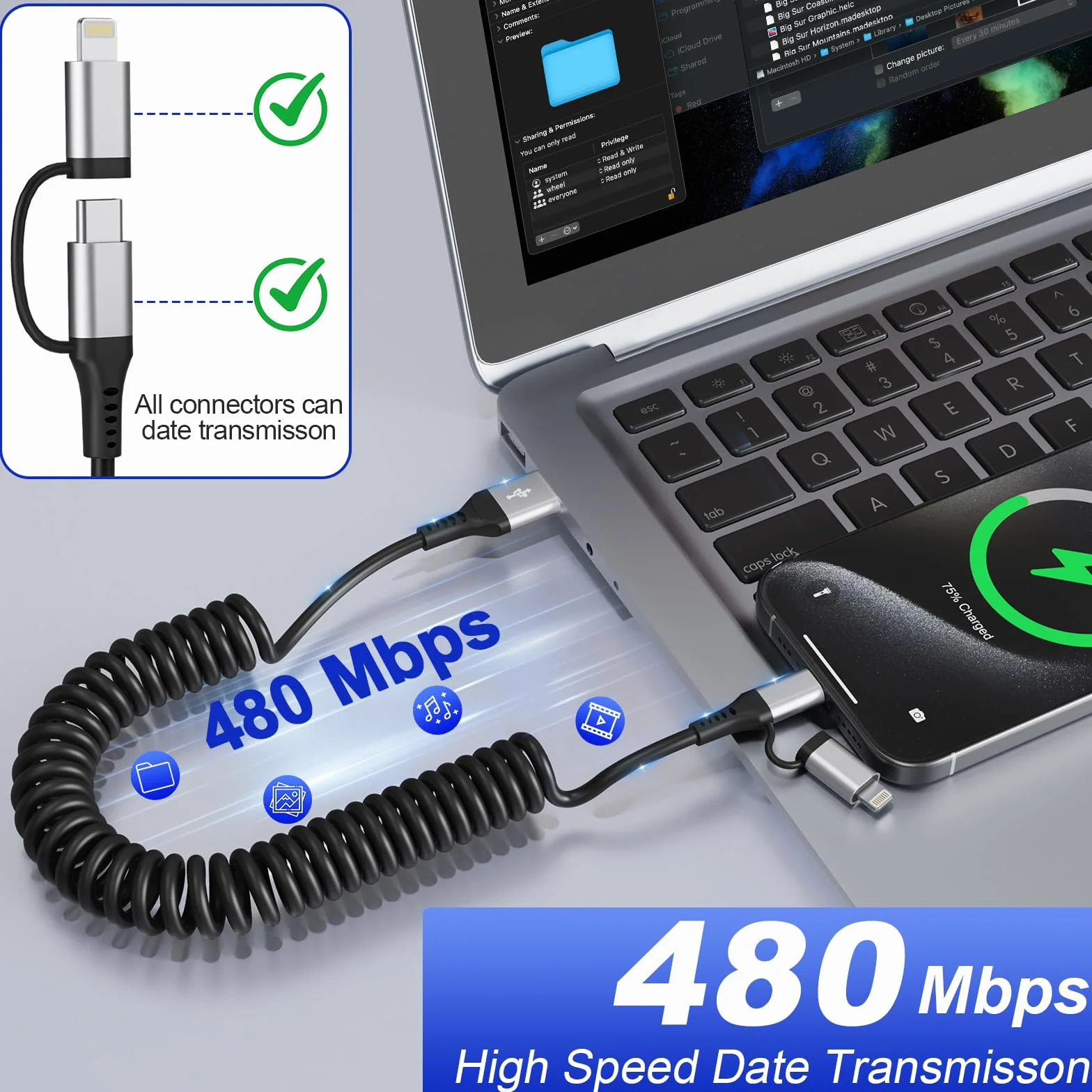 Câble Spirale Voiture 2 en 1 pour Apple CarPlay et Android Auto, Charge Rapide 3A MFi avec USB C et Lightning pour iPhone 16/15/14/13/12/11/Huawei/Galaxy/Google Pixel