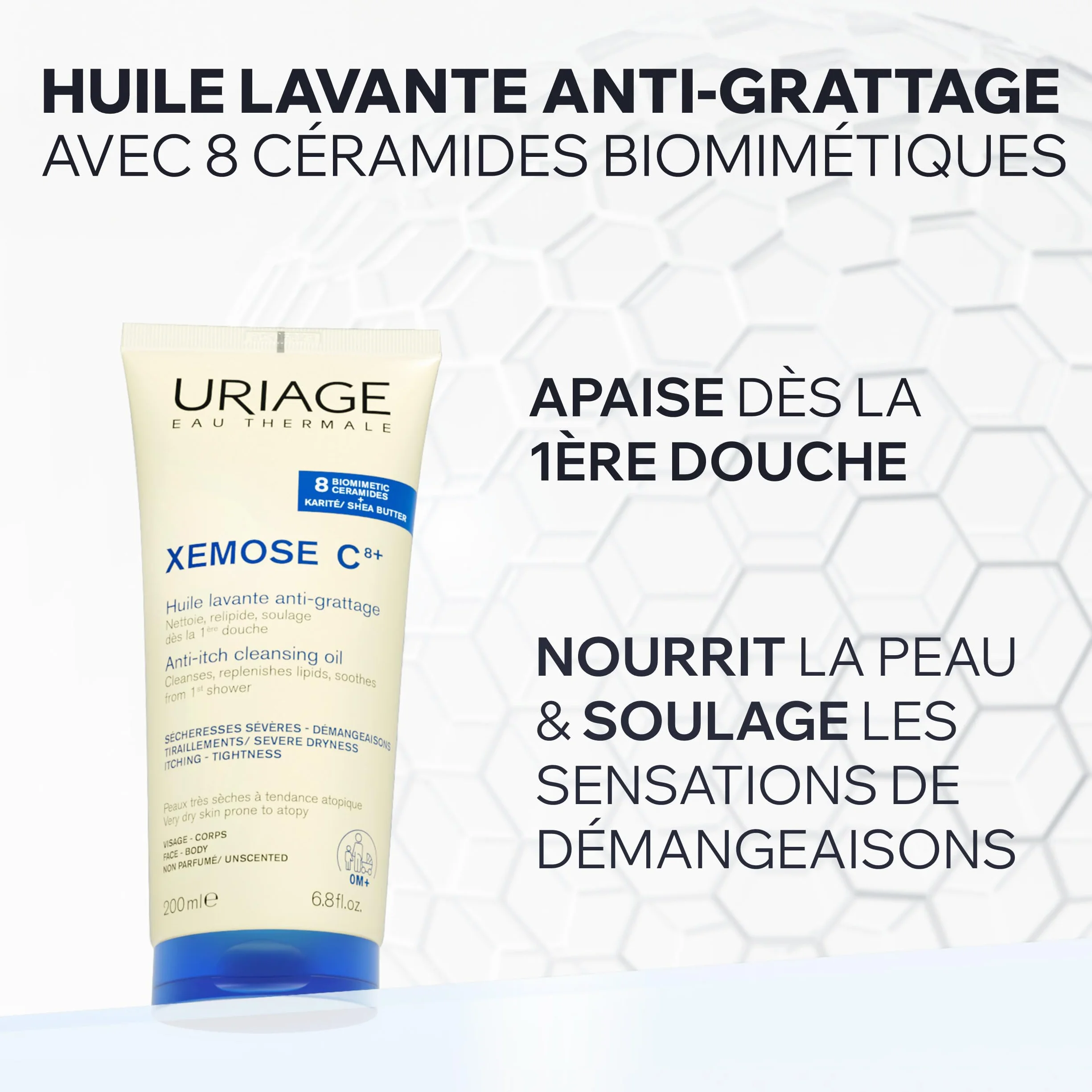 Uriage Xemose Huile Lavante Peau Sèche Atopique Gel-en-Huile Moussant Nourrissant Visage Corps Non Parfumée Sans Savon pH Physiologique