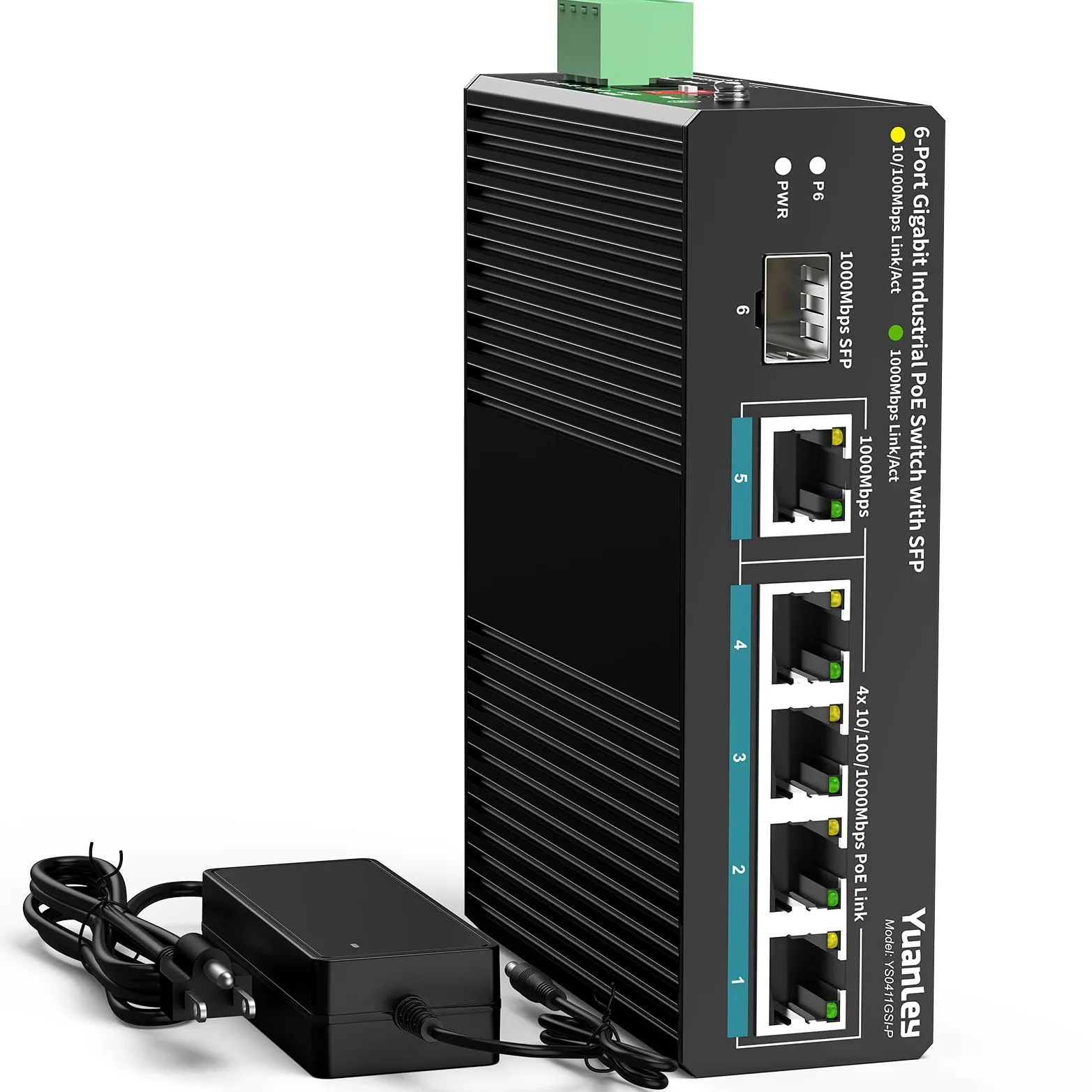 YuanLey Switch Industriel 6 Ports avec 4 Ports PoE Gigabit, 1 Port Uplink 1000Mbps, 1 Port SFP, Switch PoE Non-Manageable Din-Rail avec Alimentation 66,25W, IEEE802.3af/at, VLAN & Loop