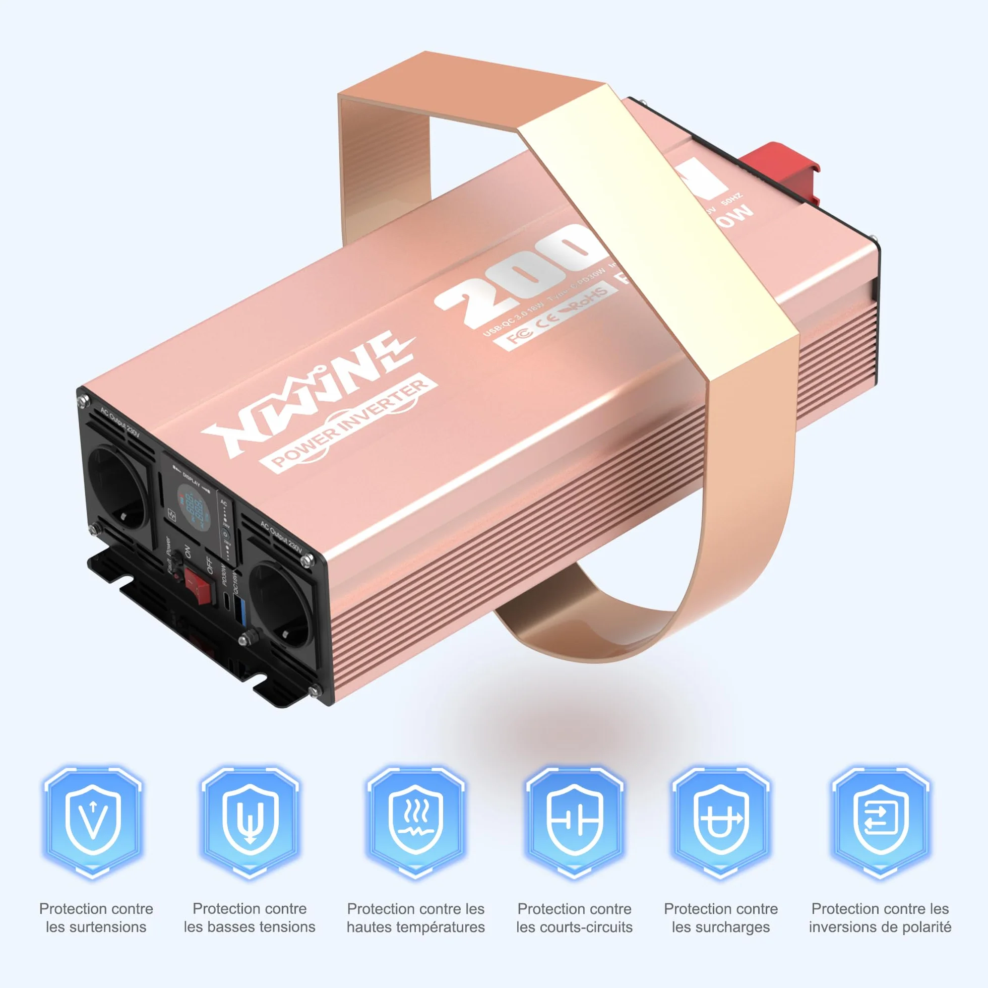 Convertisseur 12V 220V Pur Sinus 2000W Onduleur avec Prises EU, USB-A, USB-C, Écran LCD, Télécommande