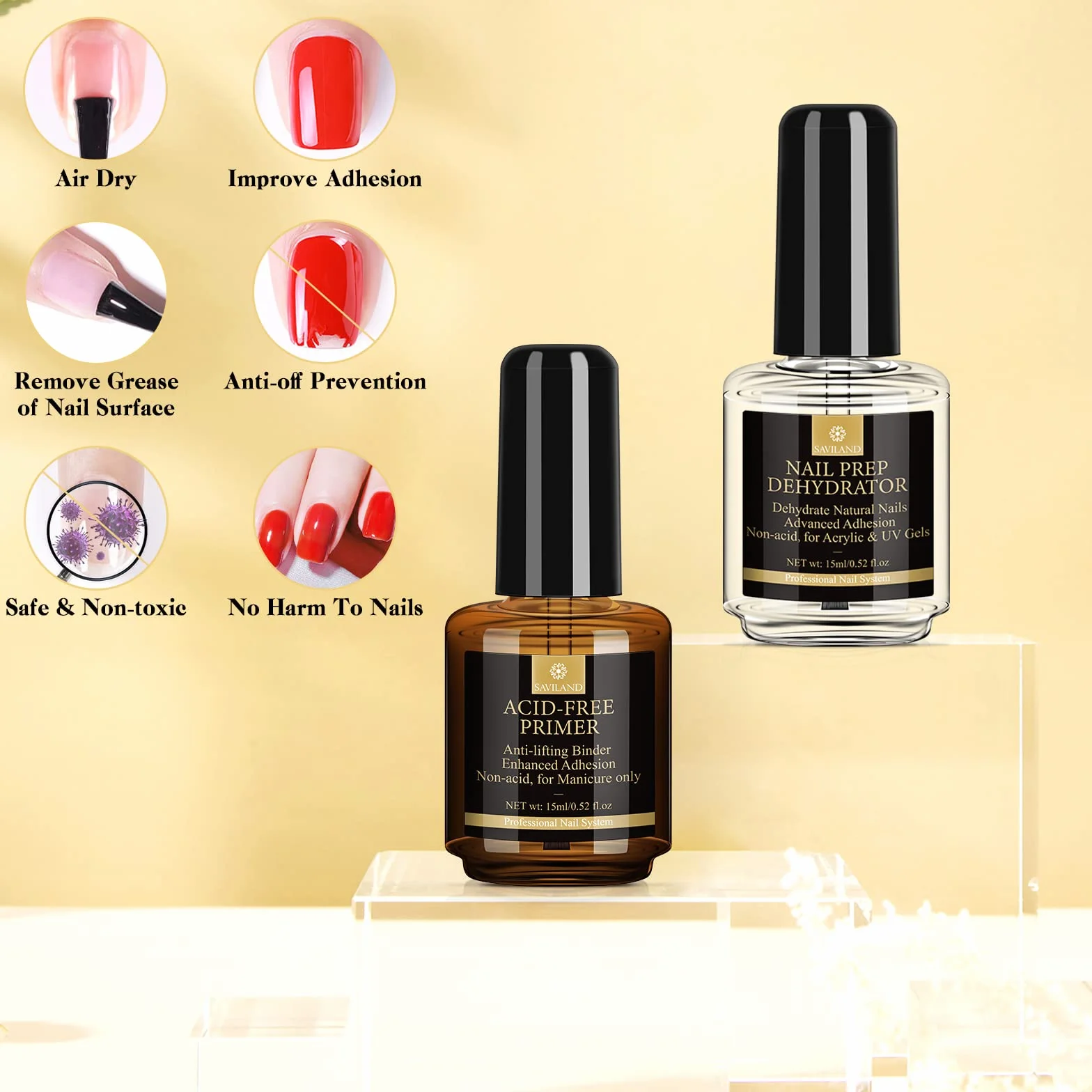 SAVILAND Primer Ongle Gel UV Kit: Nail Prep Primer Sans Acide Séchage Rapide Vernis Semi Permanent pour Acrylique Polygel Manucure