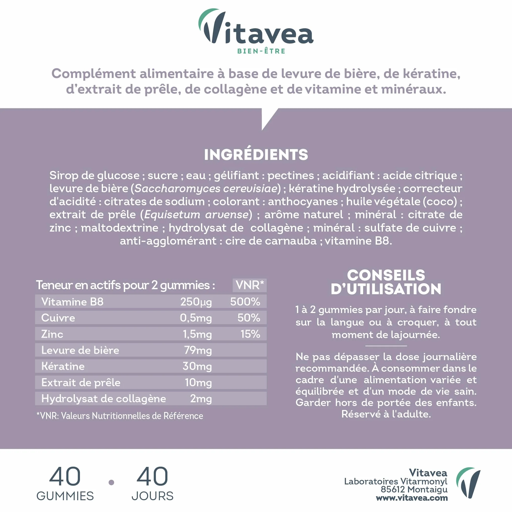 Vitavea Gummies Cheveux Sublimes Biotine Levure de Bière Kératine Zinc Collagène Anti-Chute Brillance 40 Gummies Fruits Rouges