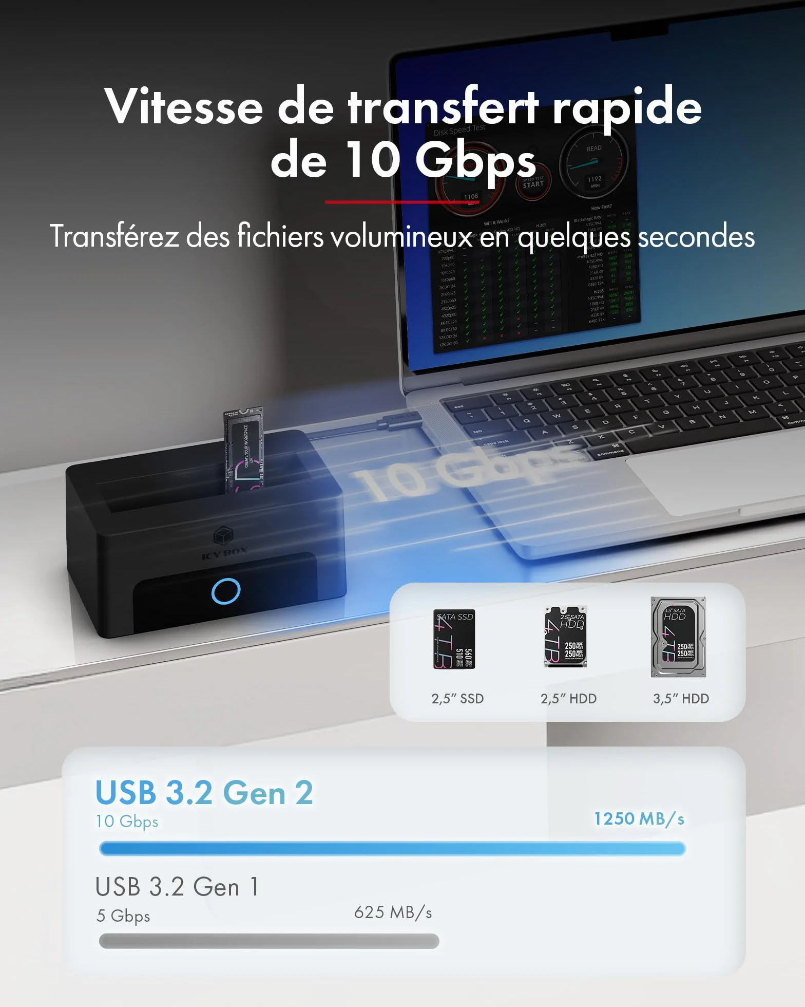 ICY Box Spade Dock IB-1123M-CU31 Station d’Accueil M.2 NVMe SATA HDD/SSD USB 3.2 Gen 2 Type-C HotSwap UASP