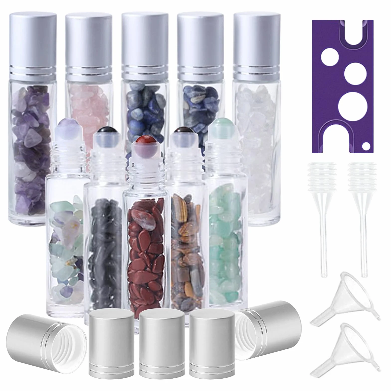 Lot de 10 bouteilles en verre roll on 10 ml pour huiles essentielles rechargeables avec pierres précieuses naturelles