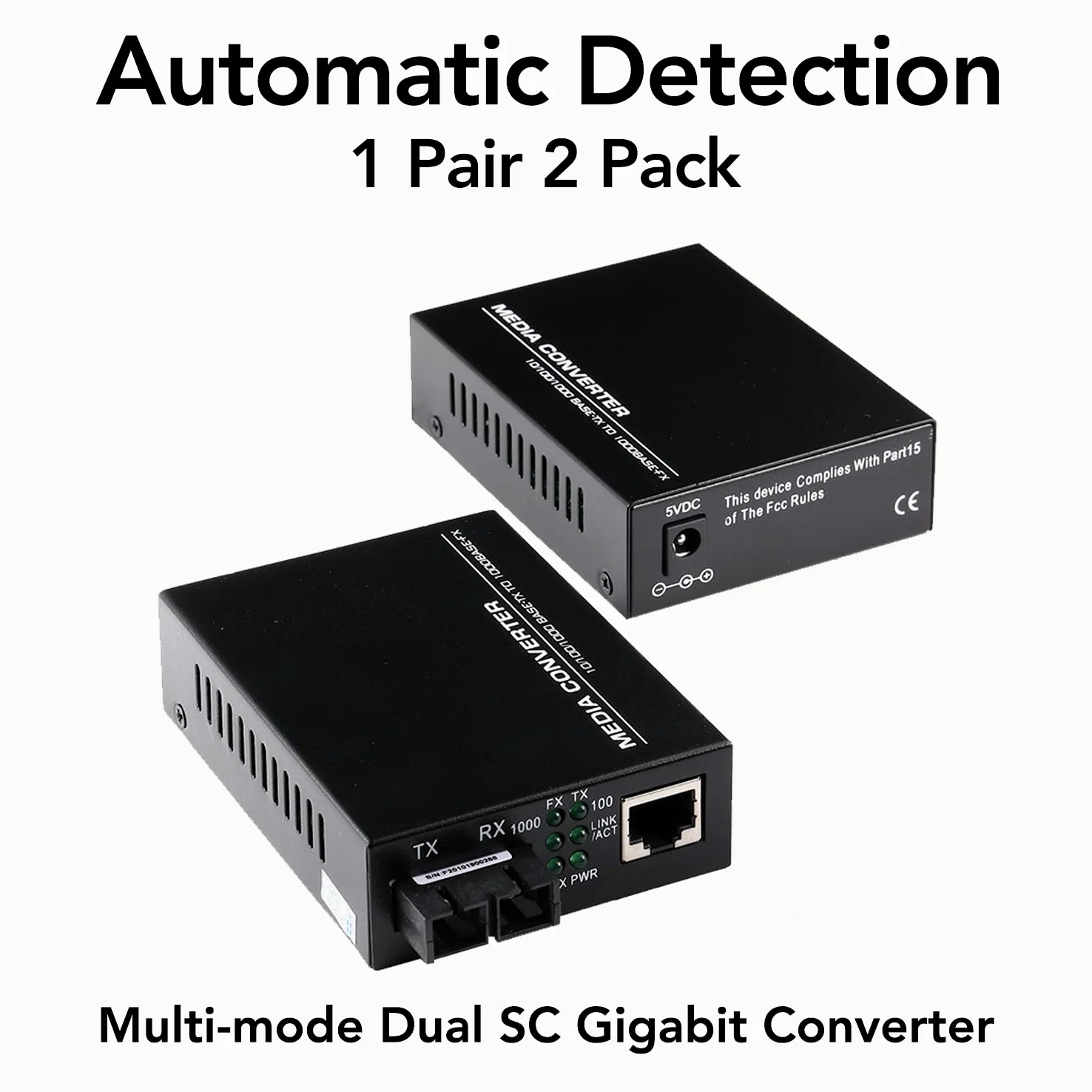 Lot de 2 convertisseurs de médias Gigabit Fast Ethernet multimode double SC Fiber - Mini 1 émetteur-récepteur RJ45 10/100/1000Base-T vers 1000Base-SC, jusqu'à 2 km 1310 nm, AC 100 V ~ 240 V