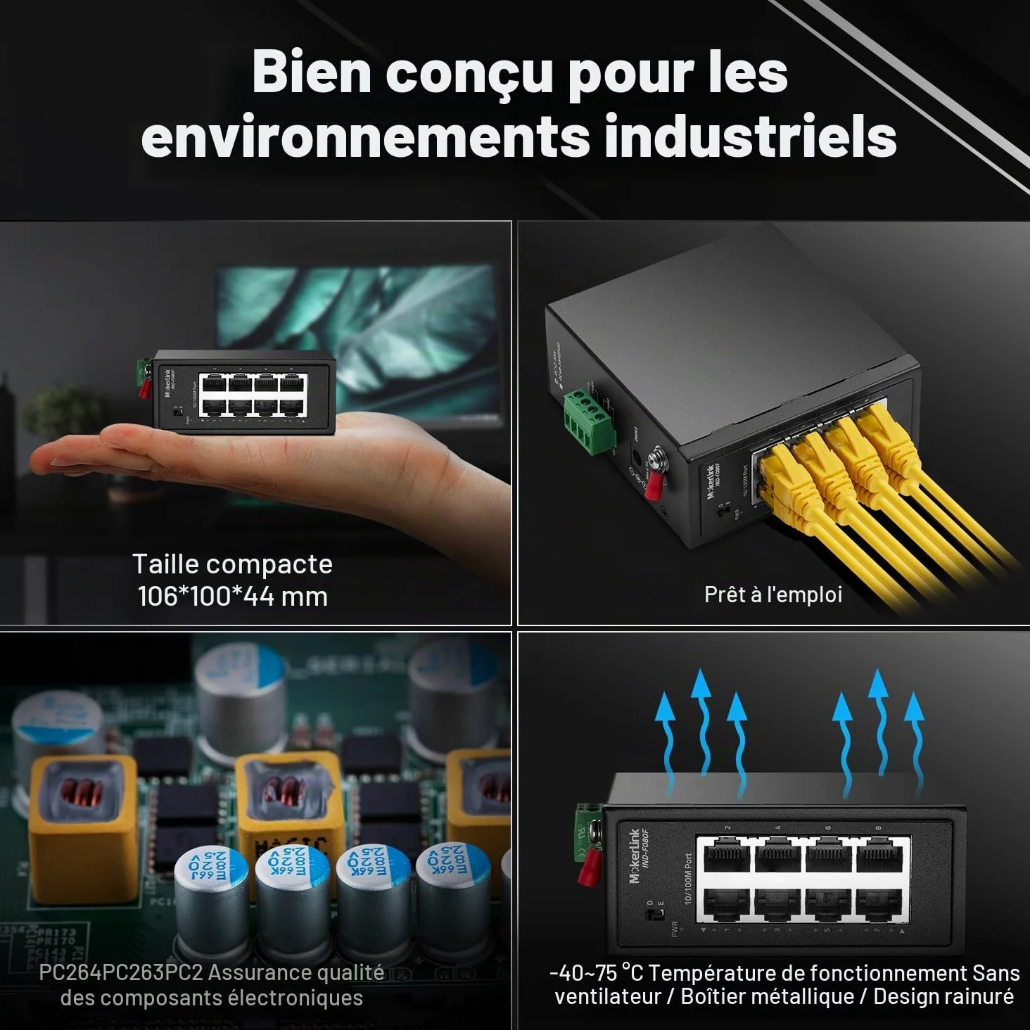 MokerLink Commutateur rail DIN industriel à 8 ports, 8 ports Ethernet 10/100 Mbit/s, portée 250 m, rail DIN en métal et support mural inclus