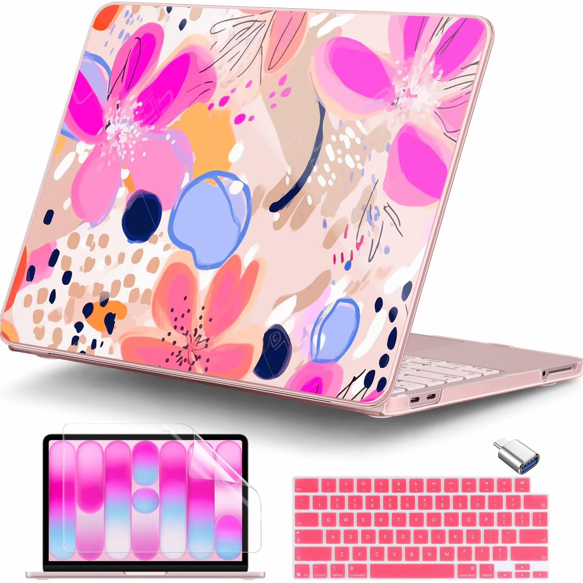 Coque rigide compatible MacBook Neo 13" 2026 A3404 A18 Pro Touch ID plastique motif floral avec protecteurs clavier écran bouchons poussière