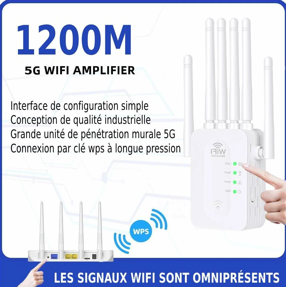 Répéteur WiFi Extérieur 1200Mbps 6 Antennes 2 Ports LAN Amplificateur WiFi